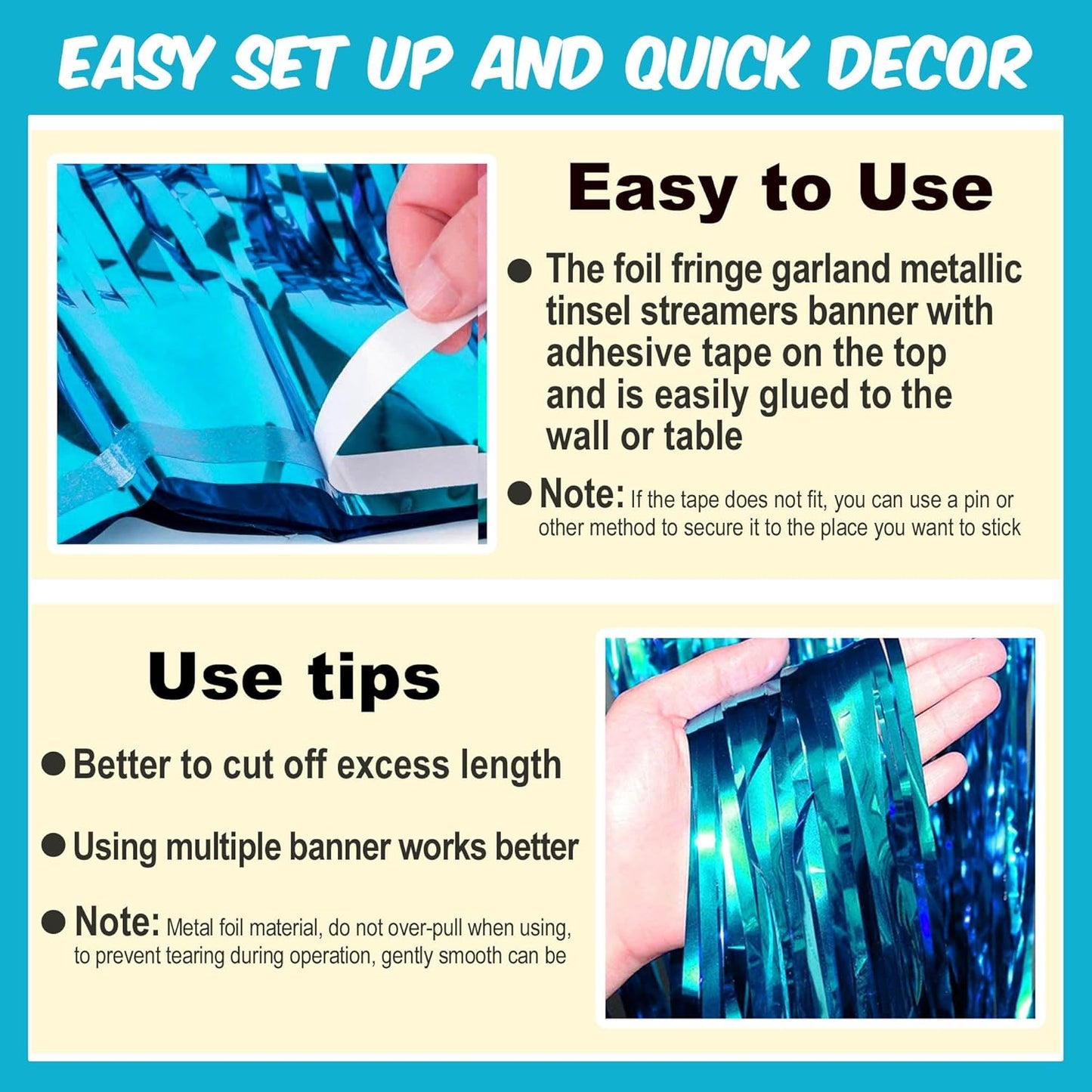 6 Pack 10 Ft Lake Blue Foil Fringe Garland Metallic Streamers Tinsel Banner Wall Hanging Garland Backdrop for Parade Floats, Halloween, Christmas, Thanksgiving, New Year Party Decorations