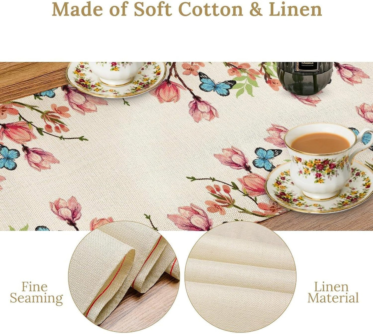 Flowers Table Runner,Floral Bird Butterfly Spring Table Cloth Kitchen Dining Table Home Party Decoration 13x90 Inch