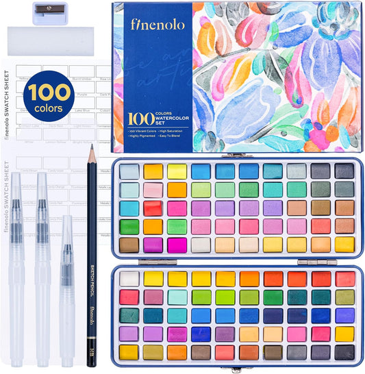 100 Colors Watercolor Paint Set with Metallic, Macaron & Fluorescent Colors-Professional Grade Watercolor Paints for Artists, Beginners & Illustrators, Ideal for Blending, Layering & Creative Artwork