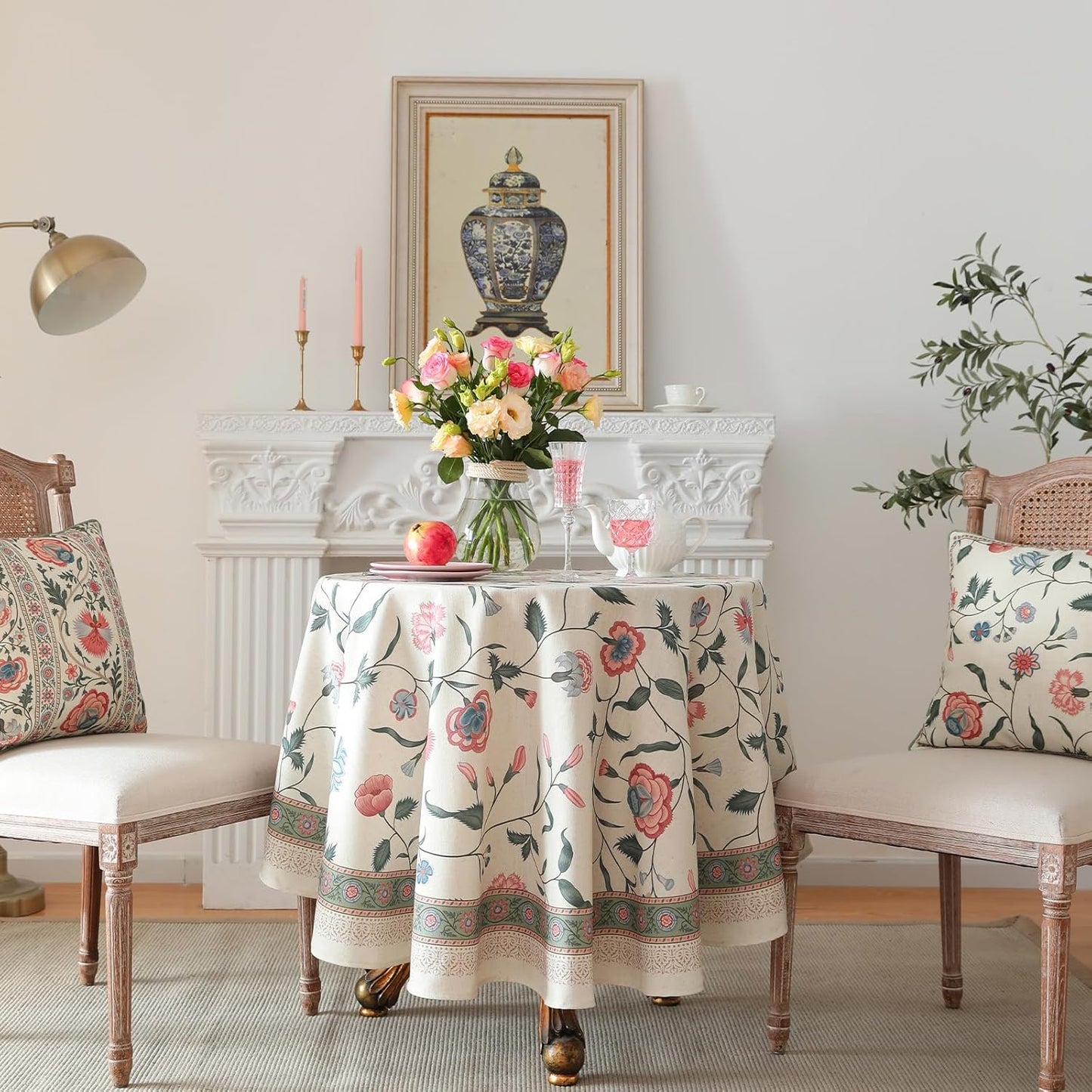 ISAENNE Designer Chinoiserie Linen Floral Round Tablecloth,White Wrinkle Resistant Table Cloth,Elegant Decor Tablecloths for Dining Thanksgiving Kitchen Party Christmas,Diameter 67"-Daffy