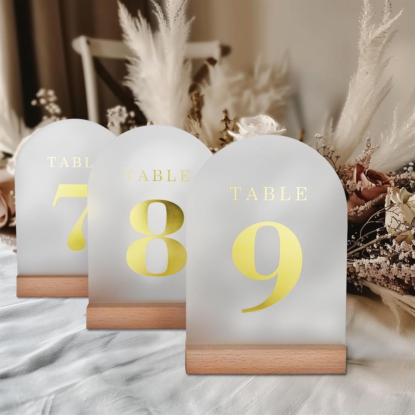Wedding Table Numbers 1-20, Acrylic Arch Signs with Natural Wood Stands Holders, Rustic Table Decor for Reception & Parties (Frosted Gold)