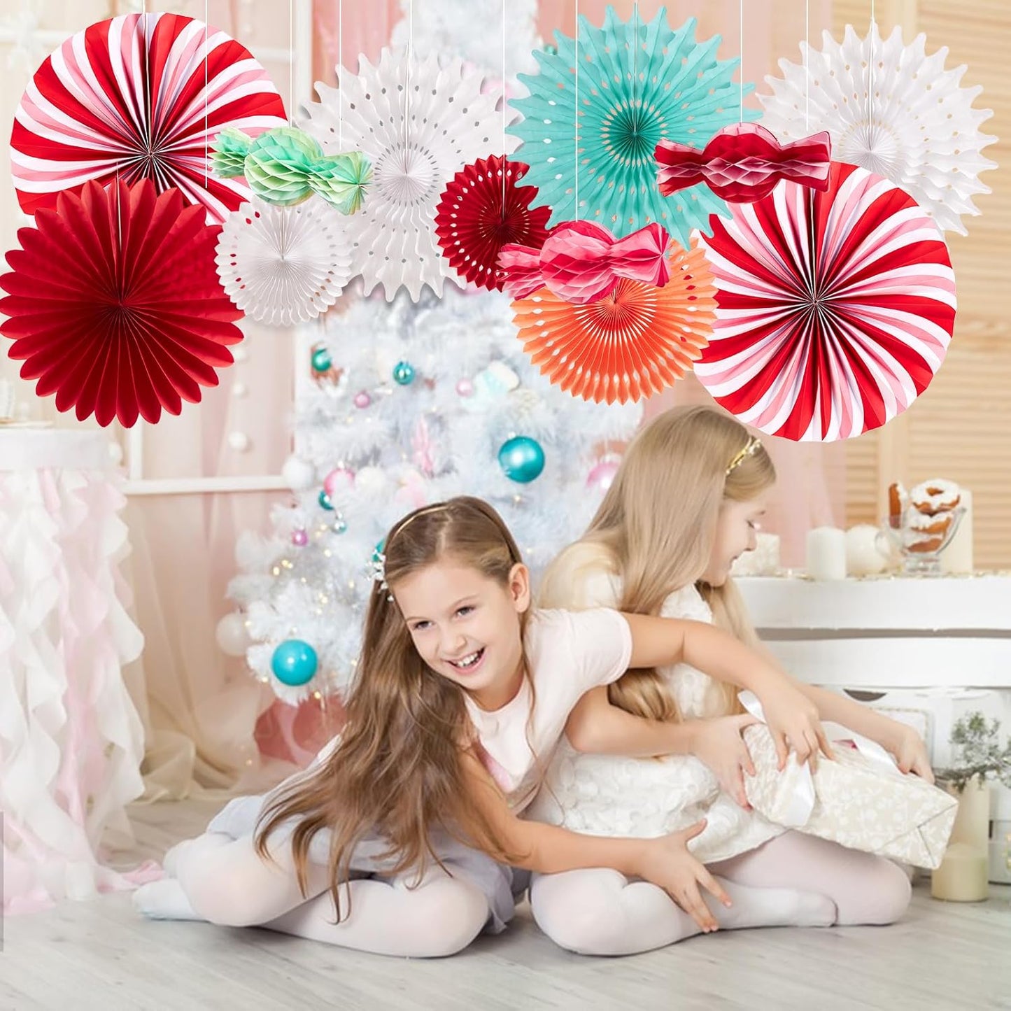 Christmas Hanging Paper Fans Decoration Christmas Peppermint Candy Hanging Ornaments Party Ceiling Hangings Deco Candy Tissue Paper Fans Backdrops Party Supply