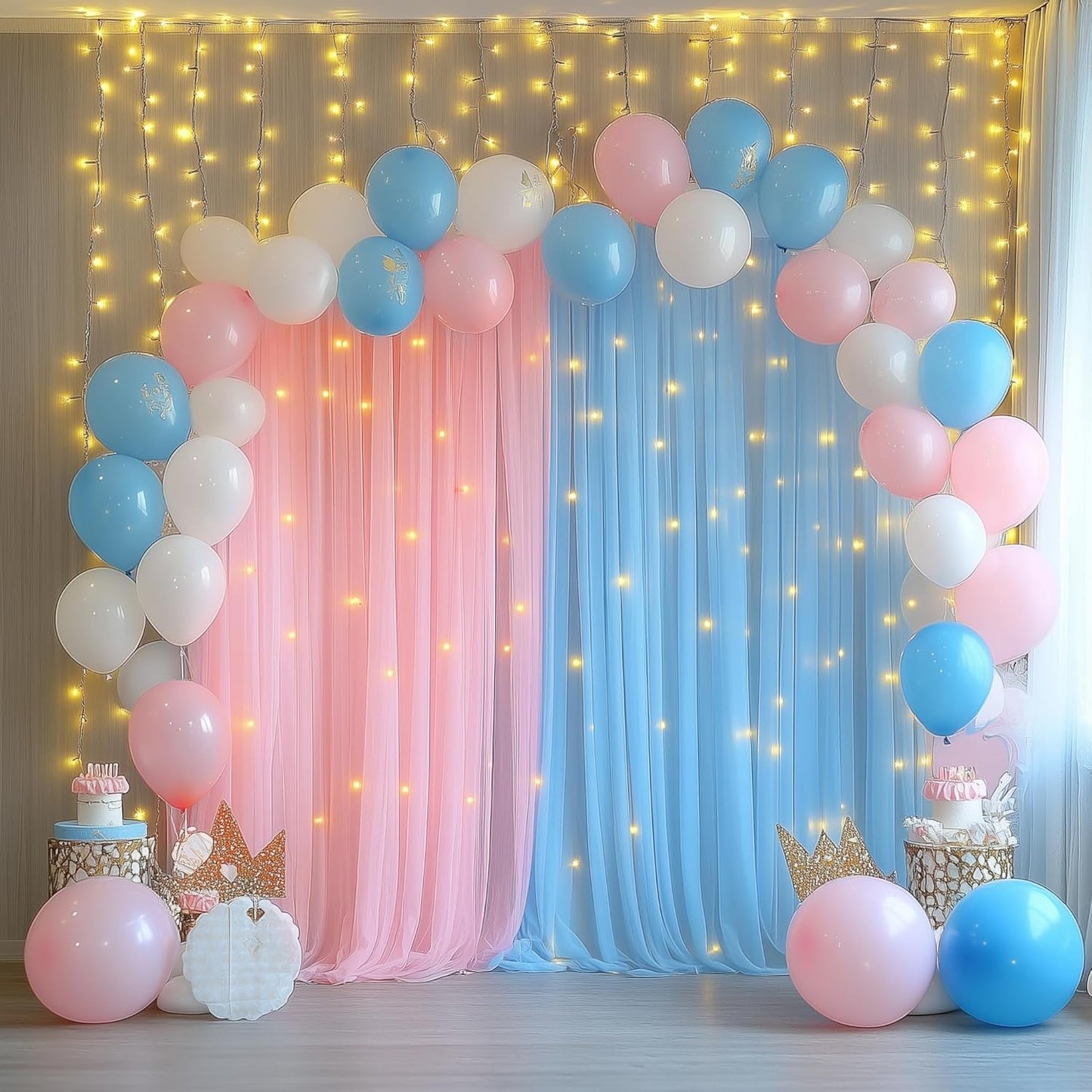 Tulle Backdrop Curtain with Lights String 10FT X 8FT Pink and Blue Sheer Tulle Backdrop Curtains for Wedding Birthday Party Reception Photo Booth Background Decorations (2 Panels 5x8FT)
