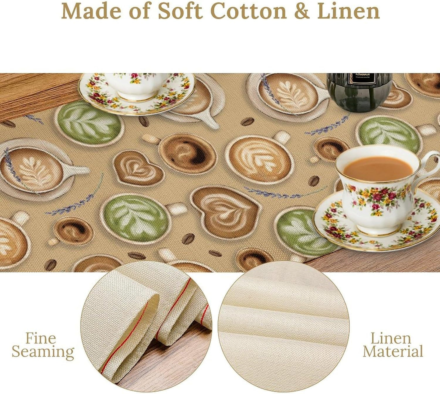 Coffee Theme Table Runner, Farmhouse Retro Brown Coffee Cup Tea Party Rustic Cafe Table Center Decor for Home Kitchen Dining Patio Holiday Party Indoor Outdoor Table Decorations,13"x72" Inch