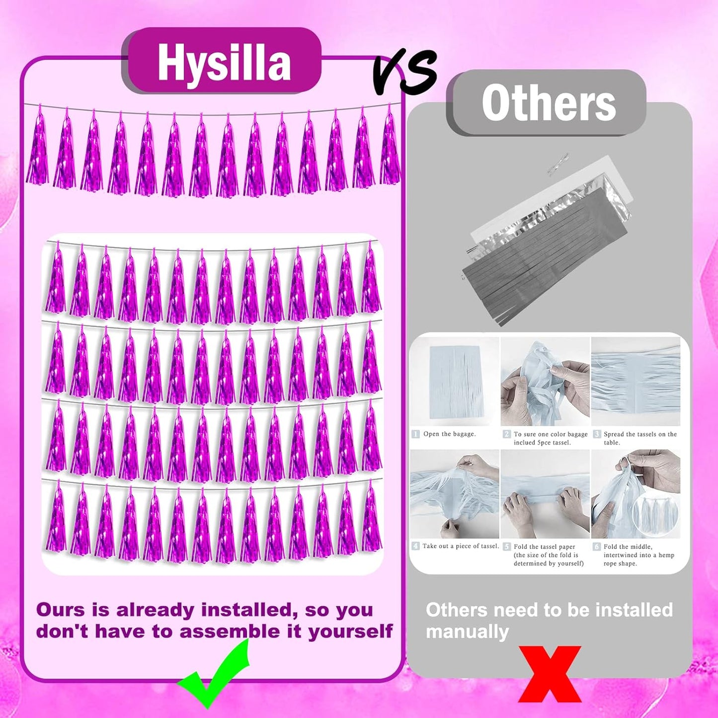 Hysilla Fuchsia Foil Fringe Metallic Tassel Streamers Banner Tassel Garland for Parade Floats, Bachelorette, Wedding, Birthday, Halloween, Christmas, Bridal/Baby Shower Party Decorations