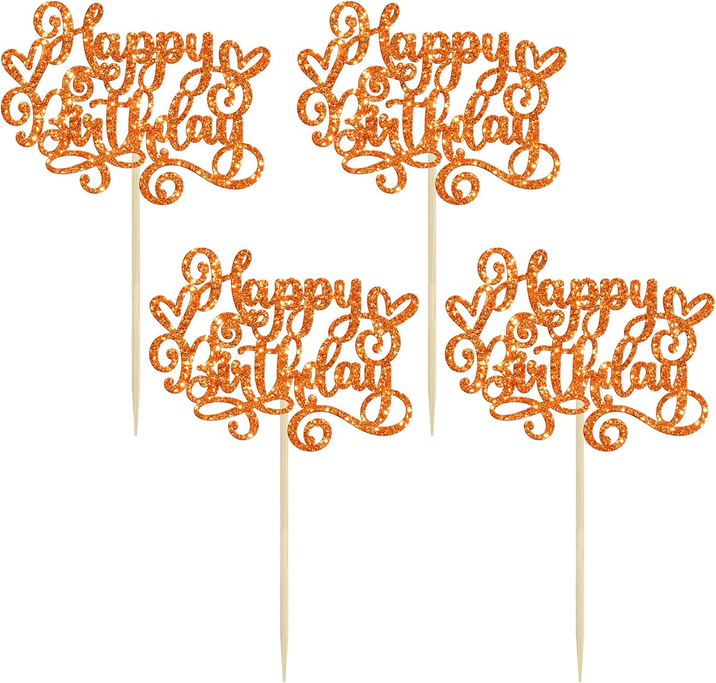 Gyufise 24Pcs Happy Birthday Cupcake Toppers Glitter Happy Birthday Cupcake Picks for Celebrating Happy Birthday Anniversary Theme Party Cake Decorations Supplies Orange