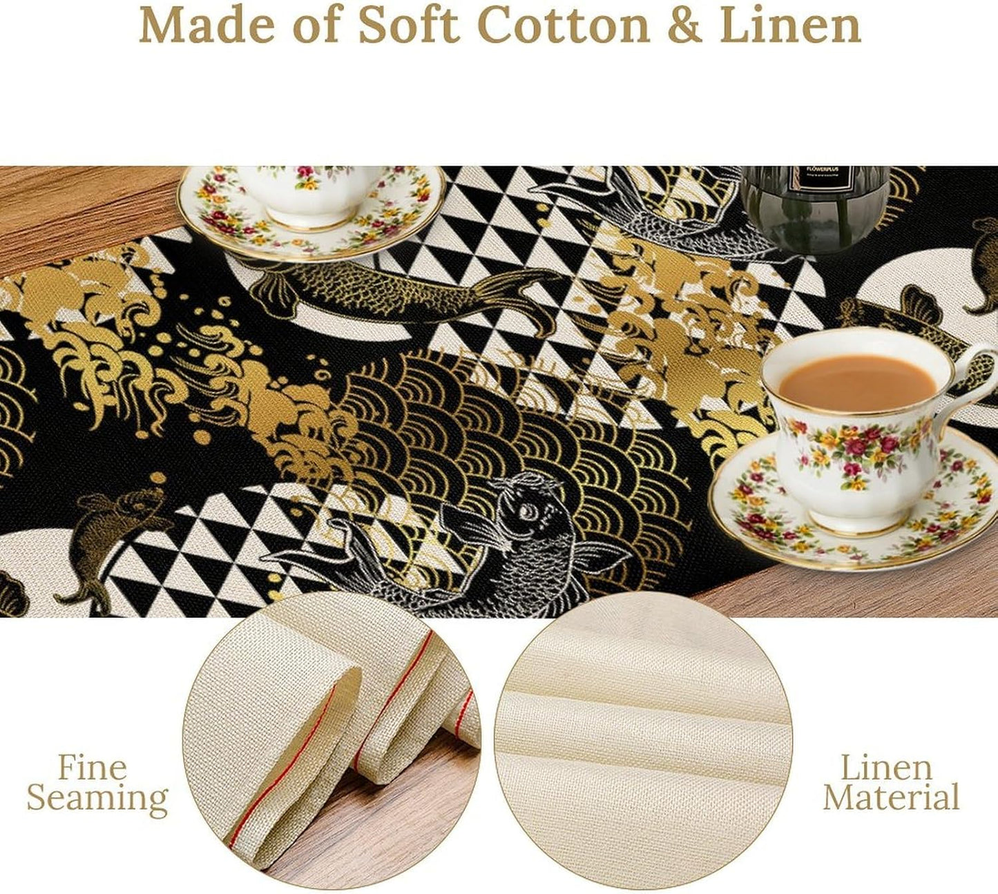 Japanese Table Runner Oriental Tradition Kio Fish Gold Art Printed Burlap Runner Home Kitchen Dining Table Living Room Decor Fabric 1 Panel W13xL120in