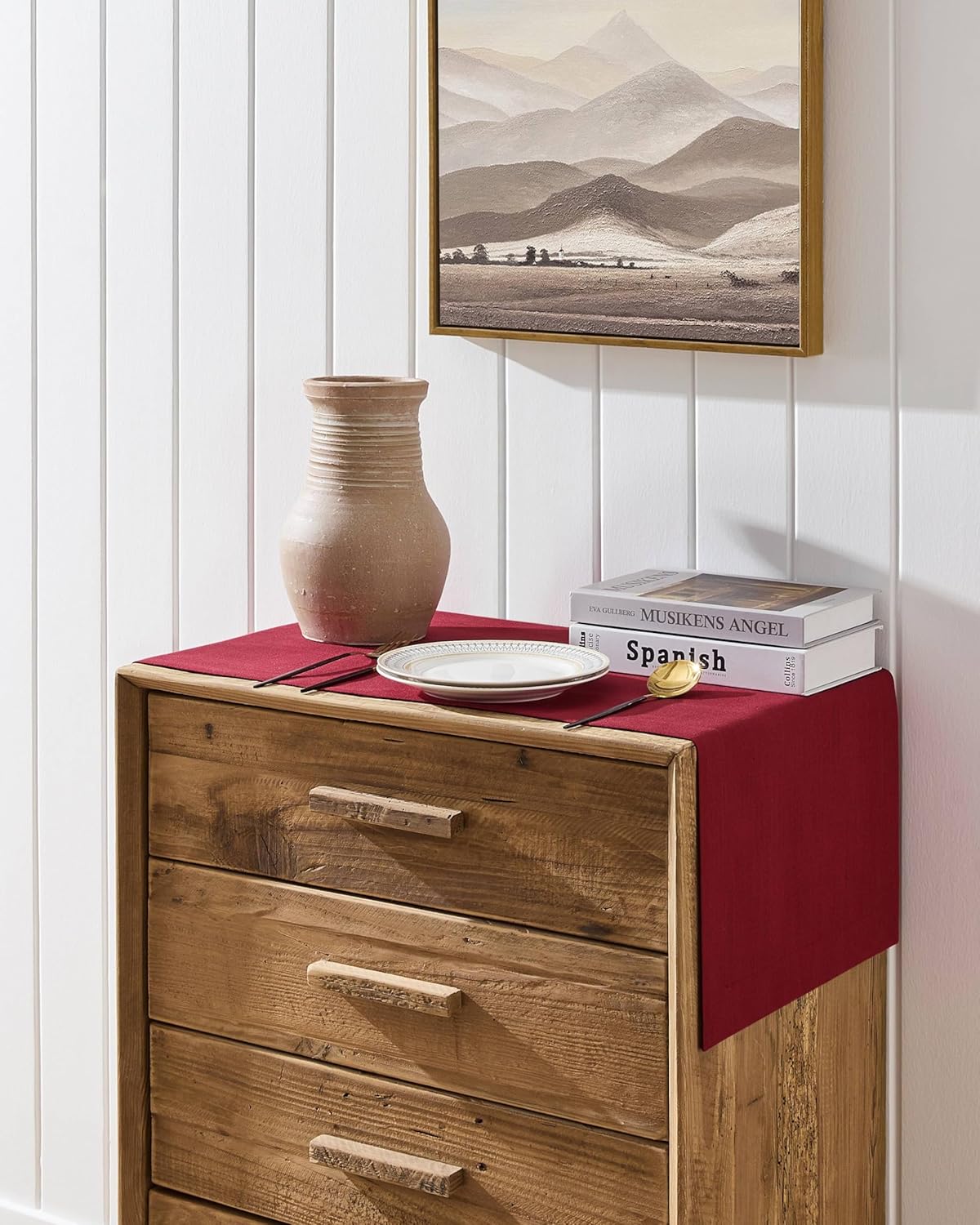 ZeeMart Linen Textured Border Table Runner, 14 x 60 Inch Red, Farmhouse Style Red Table Runners 60 Inches Long, Easy Care Everyday Polyester Table Runner