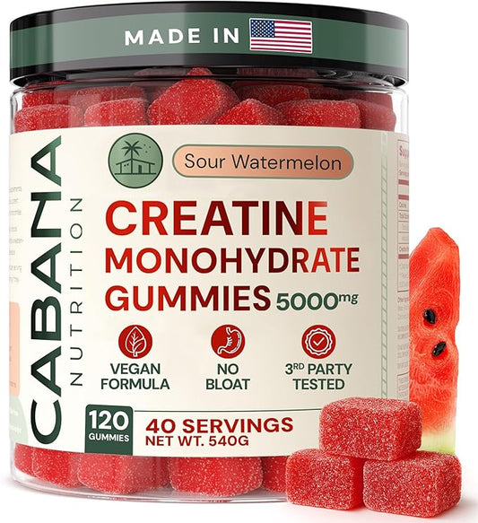 Creatine Monohydrate Gummies 5g - Watermelon Flavored Creatine for Women and Men - Supplement Supports Muscle Gain, Energy, Pre and Post Workout, Focus & Cognition, Recovery (120 Count, 40 Servings)