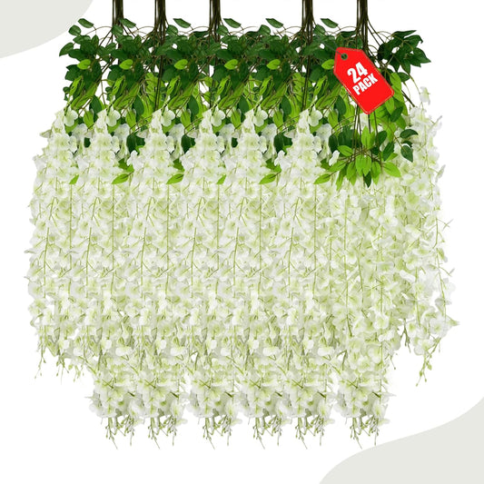 24 Pack Green White Wisteria Hanging Flowers, 3.4 Ft Fake Hanging Flowers, Artificial Wisteria Garland Vines for Wedding Room Backdrop Outdoor Patio Garden Decoration