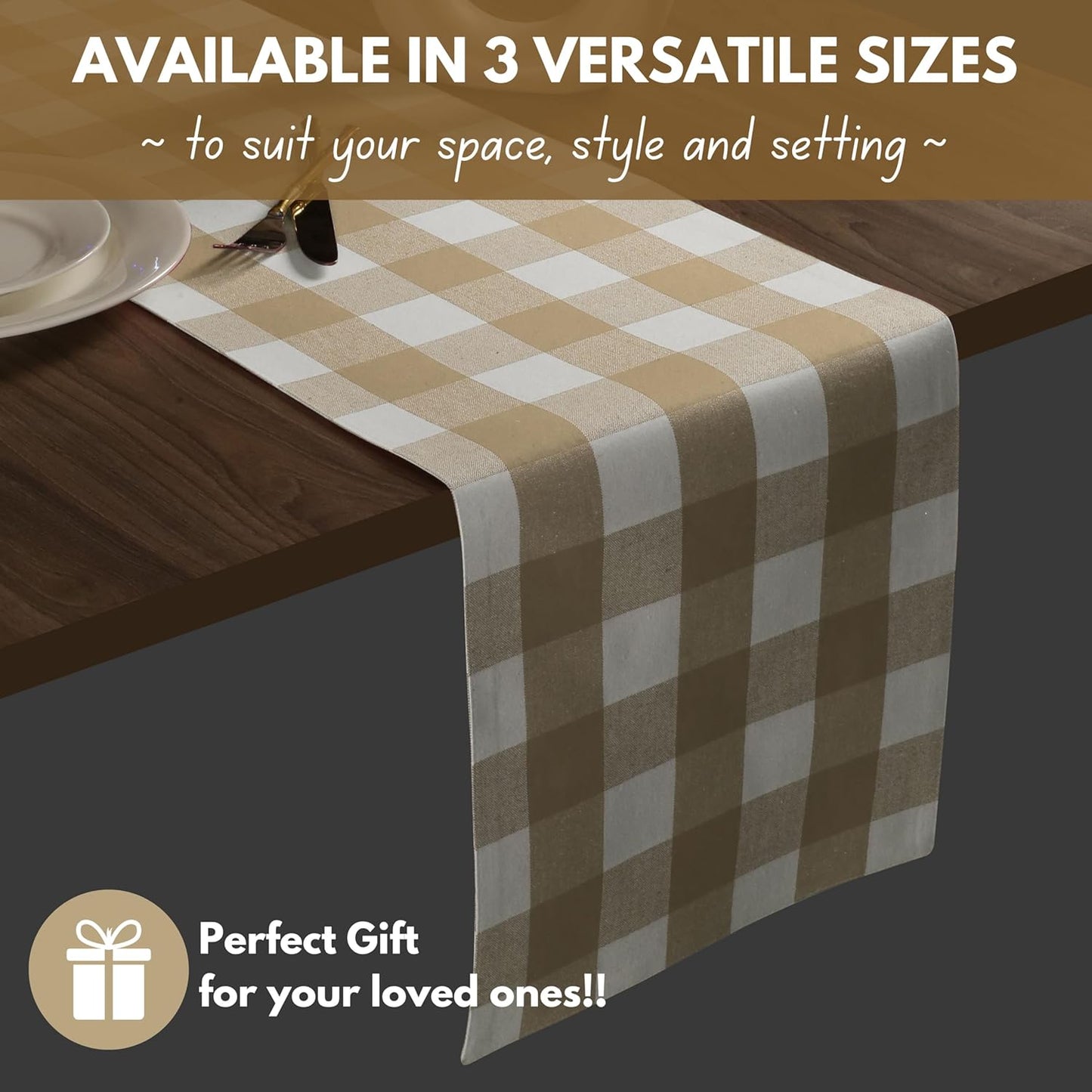 Native Fab Table Runner Buffalo Check Plaid 100% Cotton - 13x108 Inches Kitchen Dining Table Decoration for Indoor Outdoor Farmhouse Home Party Decor - Beige and White