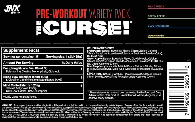 JNX SPORTS The Curse! Pre Workout Powder for Men & Women, Caffeine, Beta-Alanine, Creatine, L-Citrulline, Sample Variety Pack, 5X 8g Samples – Boost Energy, Strength & Focus