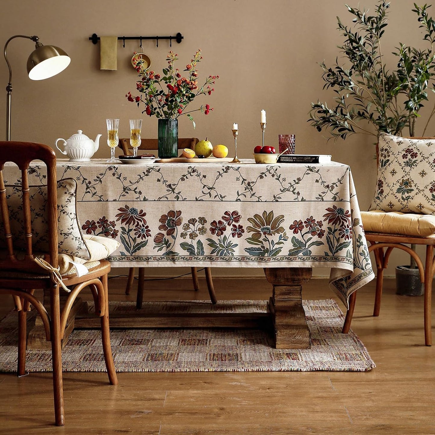 patdrea Designer Linen French Long Tablecloth for Rectangle Table,Fall Country Breathable Floral Tablecloths,Table Cover for Kitchen Dining,Tea Party,Christmas,Thanksgiving,63"x94"-Oliveirad