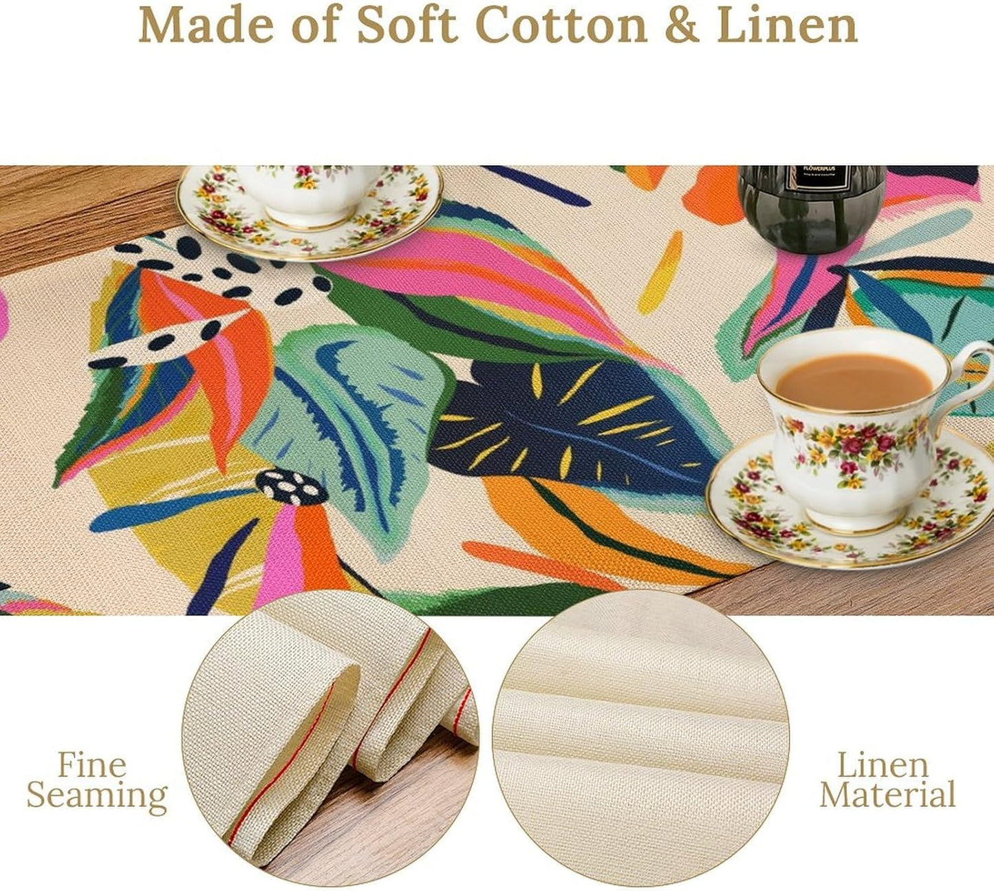 Colorful Flower Table Runner,Abstract Flower Blossom Botanical Pattern Print Tablecloth Burlap for Hotel Indoors Outdoor Dining Room Kitchen Table Decor, 13x36in