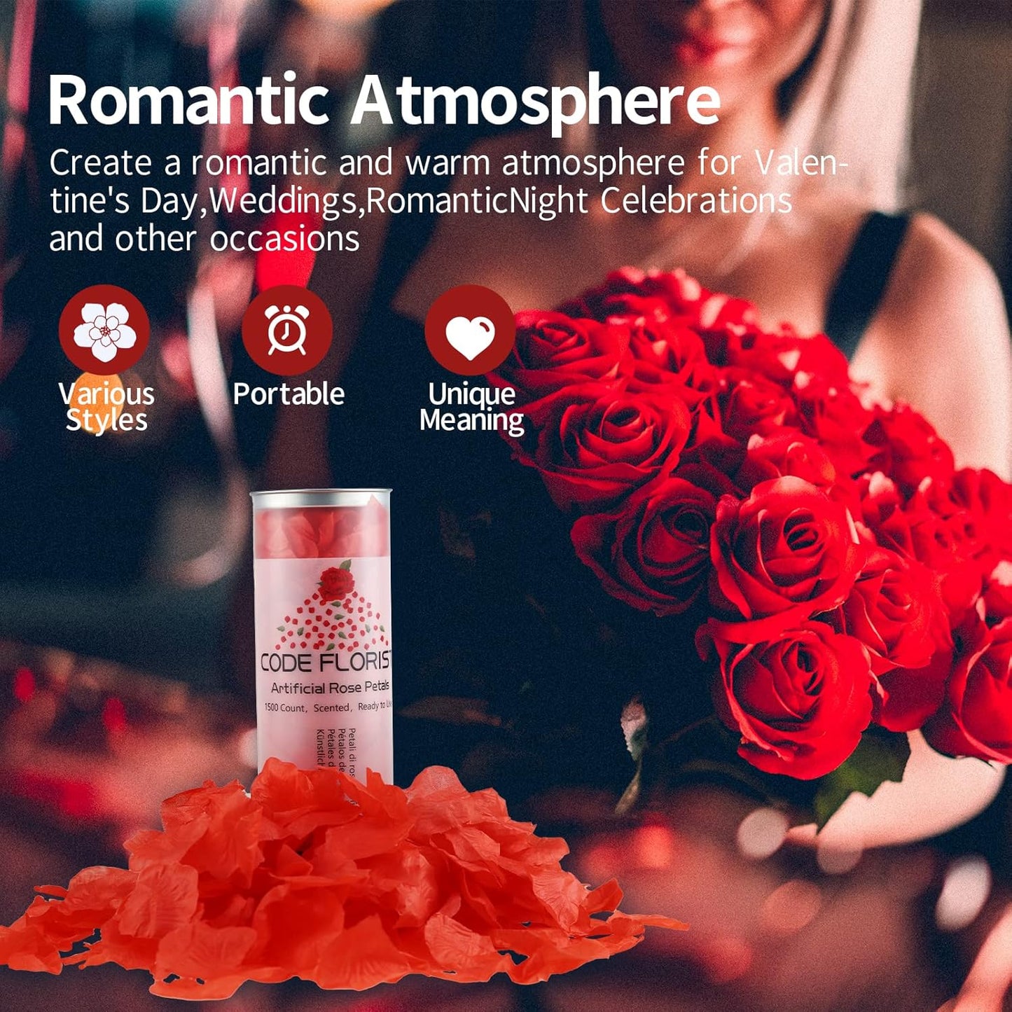 CODE FLORIST 1500 PCS Red Silk Rose Petals for Valentine's Day,Romantic Night,Wedding,Proposal Anniversary Flower Decorations(Separated,Scented)