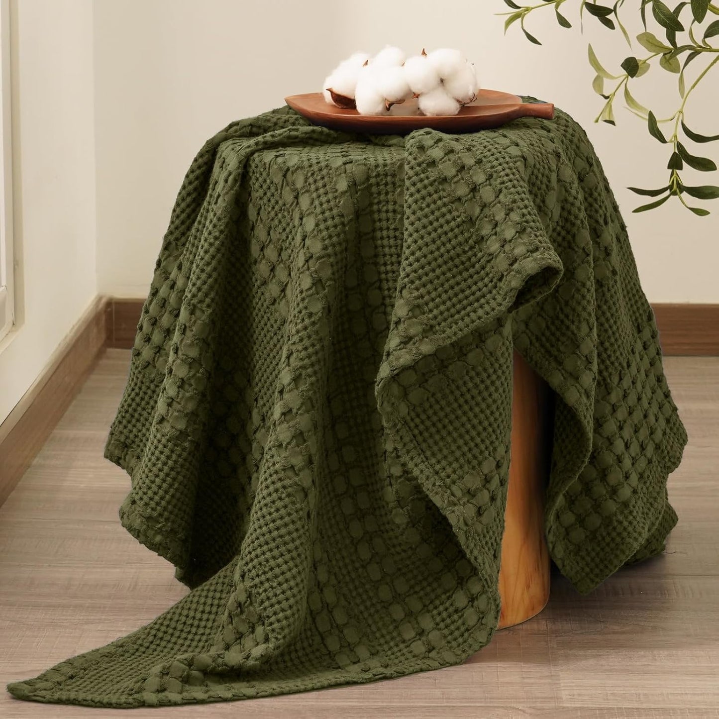 PHF 100% Cotton Waffle Weave Throw Blanket, Soft Lightweight Breathable Cozy Throws for Couch Bed Sofa, Luxury Aesthetic Woven Blanket for Home Decor & Office, 50"x60", Capulet Olive