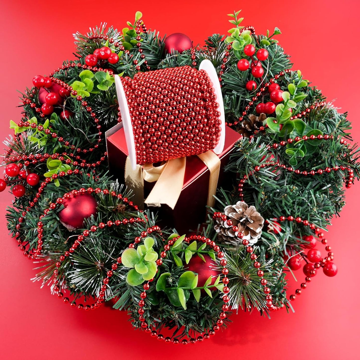 Faux Red Pearl Beads Garland - 6mm Christmas Tree Beads 22 Yards Red Pearl Strands Spool Pearl String Bead Roll for Wedding Party Christmas Tree Decoration