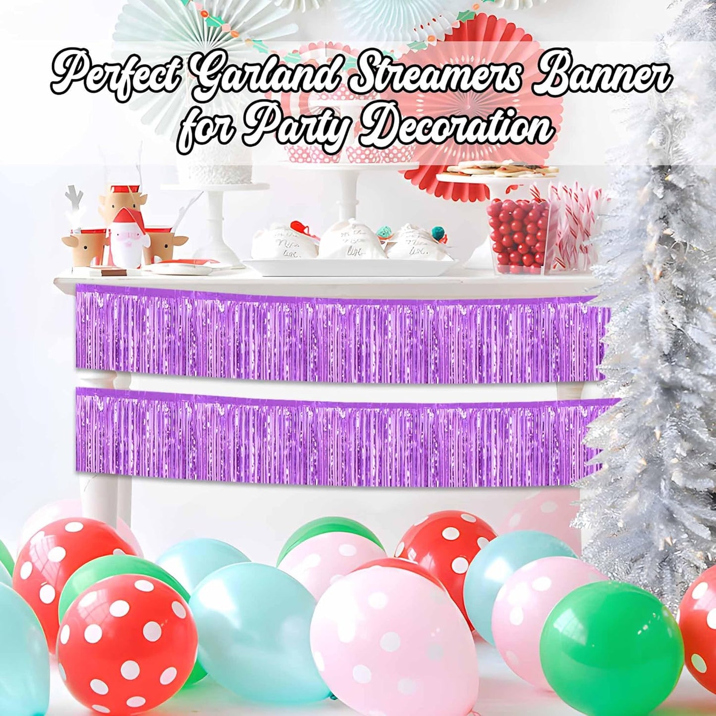 4 Pack 10 Ft Light Purple Foil Fringe Garland Metallic Streamers Tinsel Banner Wall Hanging Garland Backdrop for Parade Floats, Halloween, Christmas, Thanksgiving, New Year Party Decorations