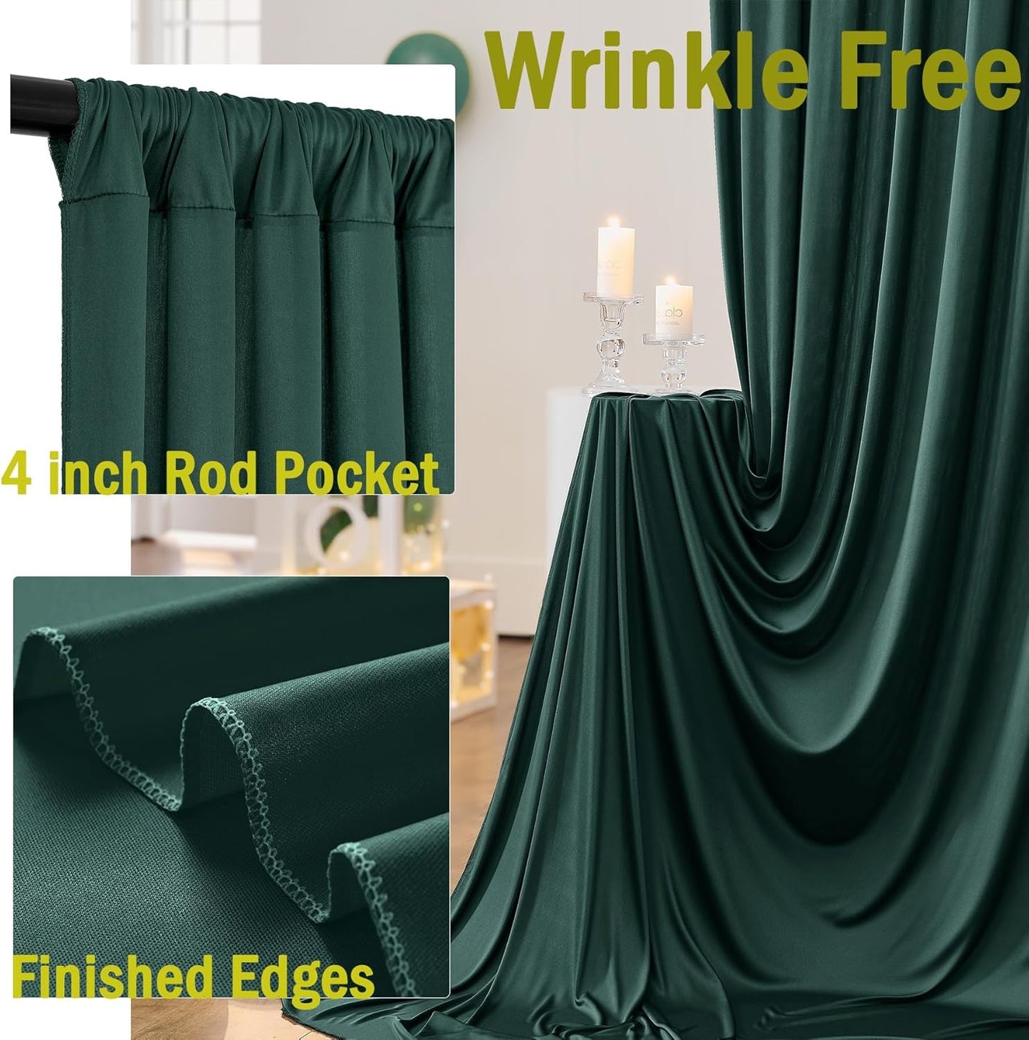 50ftx10ft Wrinkle Free Hunter Green Backdrop Curtains for Party Background, 10 Panels Silky Fabric Green Photo Backdrop Drapes Back Drop Cloth for Wedding Birthday Photography Baby Shower Decor