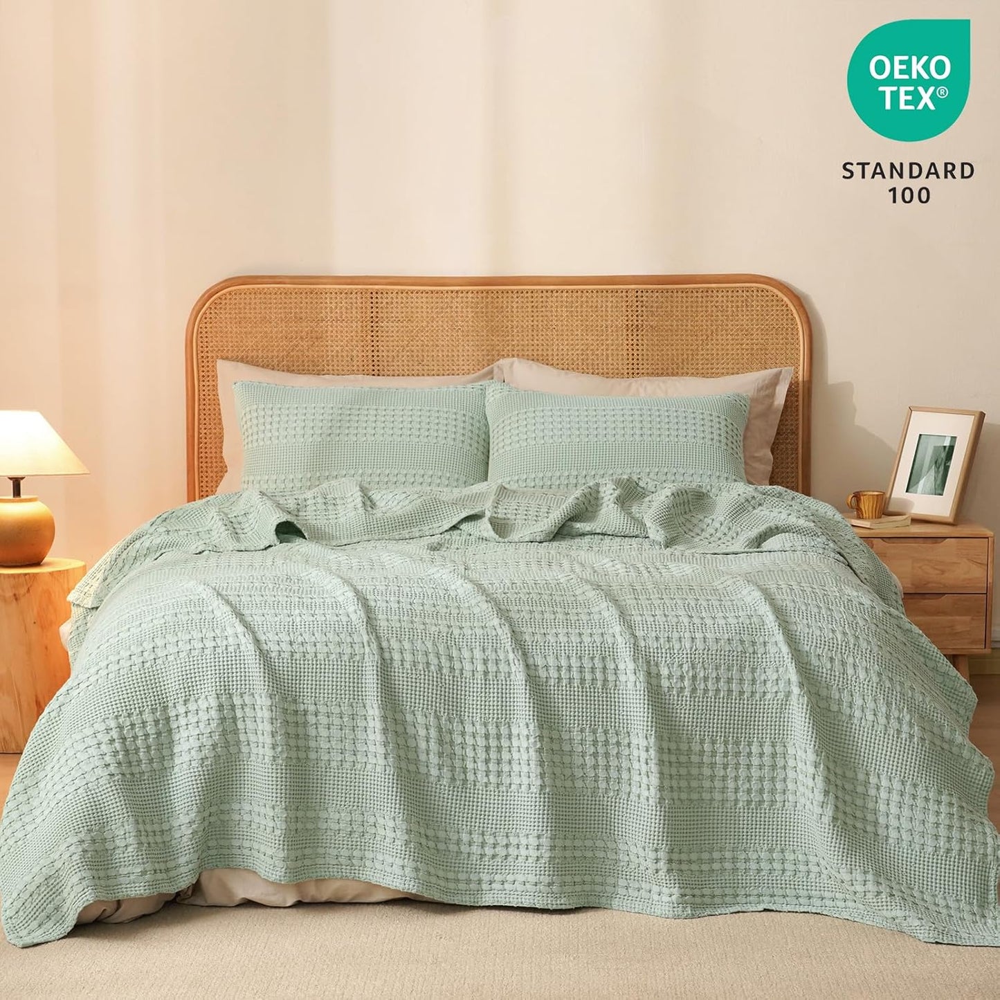 PHF 100% Cotton Waffle Weave Blanket Queen Size for Bed, Soft Lightweight & Breathable, All-Season Comfort, Luxury Aesthetic Woven Bedding for Home Decor, 90"x90", Sage Green