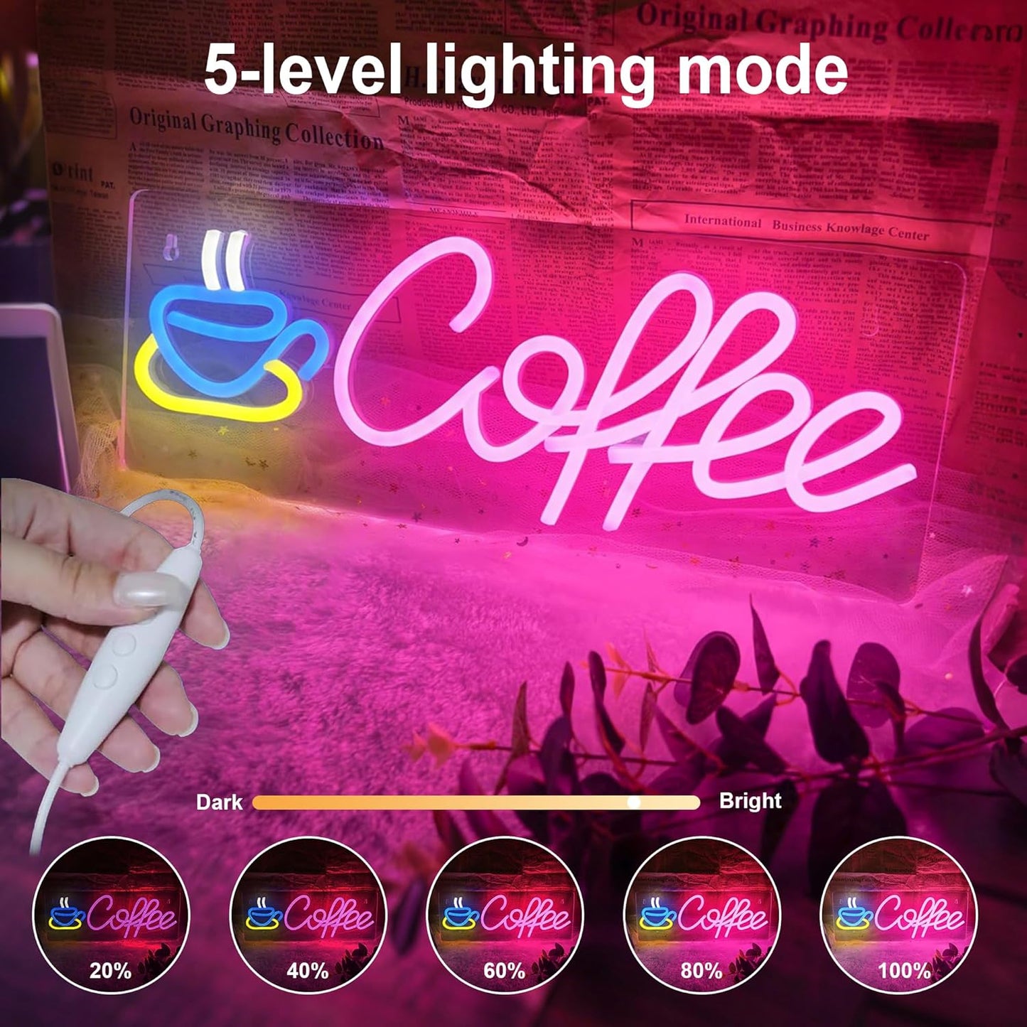 Coffee Neon Sign, Dimmable Coffee Bar Signs for Wall Decor, USB Powered Neon Light Sign with Metal Chain, Led Light Room Decor for Restaurants, Café Shop Window, Office Loung