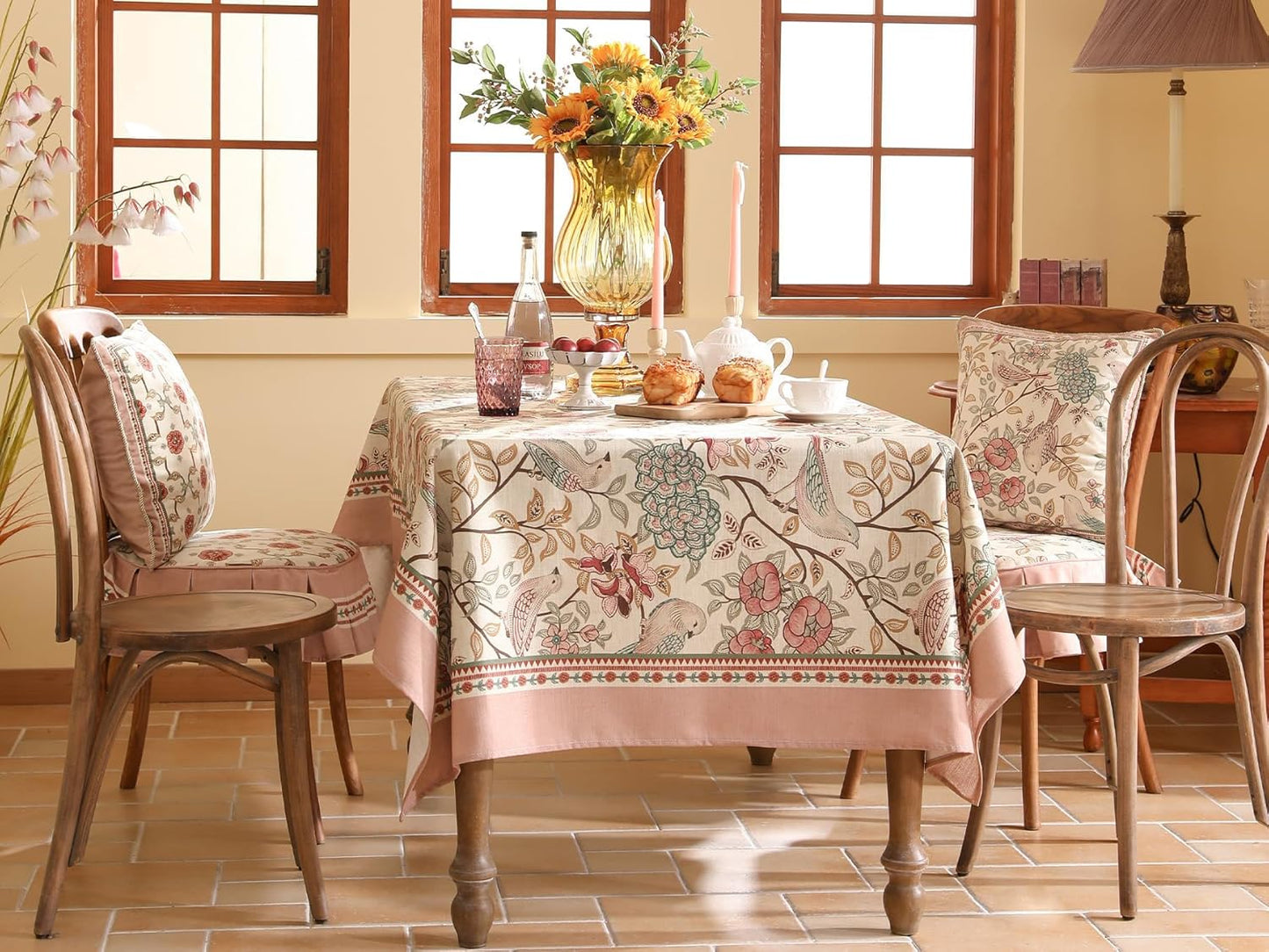 patdrea Designer Pink Linen Table Cloth for Rectangle Table,Vintage Floral with Birds Pattern Decorative Tablcloth,French Table Cover for Kitchen Dining,Thanksgiving,Christmas,67"x118"-Kulom a