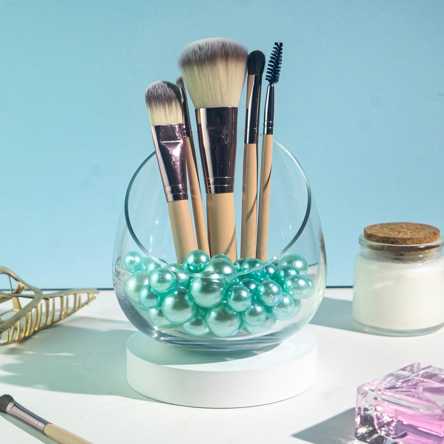 150Pcs Lake Blue Polished No Hole Faux Pearl Beads for Vase Filling Decorations, Plastic Pearls Vase Fillers, Table Scatters, Wedding Centerpiece, Home Decor, 8/14/20 mm