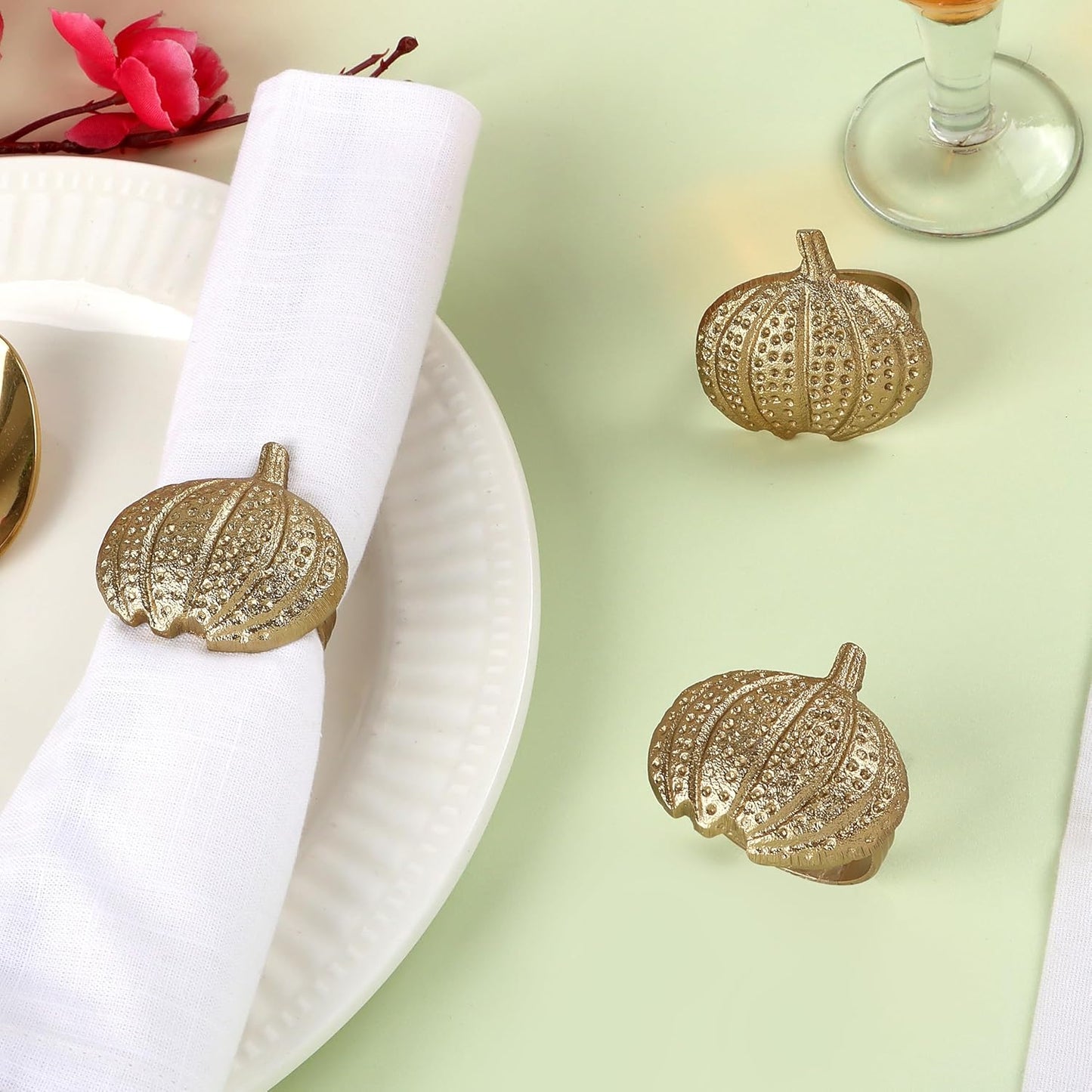Gold Lightweight Metal Napkin Rings Set of 12 - Pumpkin Elegant Napkin Holders Modern Serviette Buckles Metallic Adornment for Table Settingsfor Thanksgiving, Fall, Halloween & Holiday - CLEENTABLE