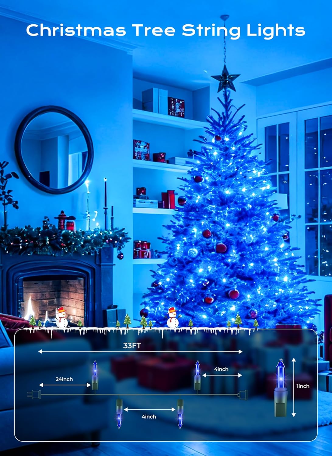 Minetom LED Blue Christmas String Lights, 100 Count 33 Feet LED Christmas Lights Bulb, Christmas Decorations Indoor, Christma Tree Lights for Indoor Outdoor Xmas Wedding Party Festival