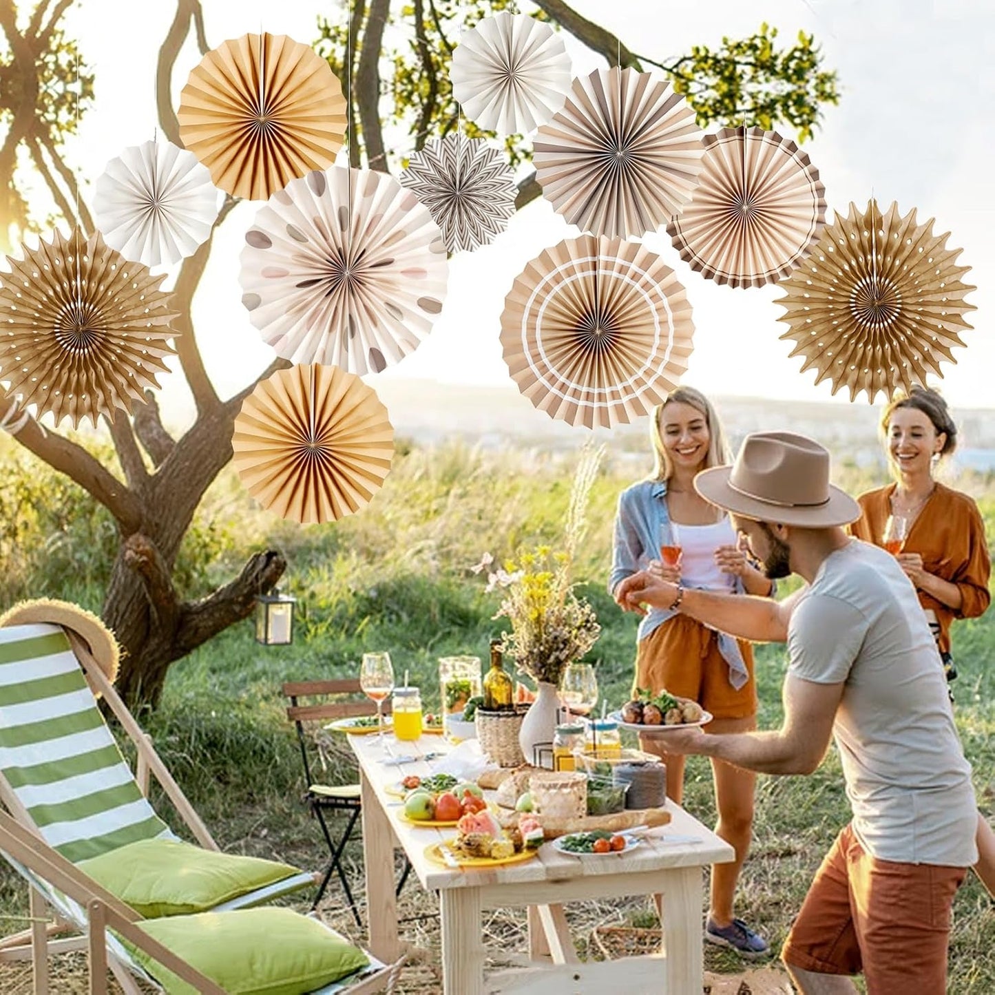 Boho Hanging Paper Fans White Brown Champagne Party Decorations Neutral Rustic Paper Fans Classroom Decoration for Baby Shower Birthday Wedding Bridal Party