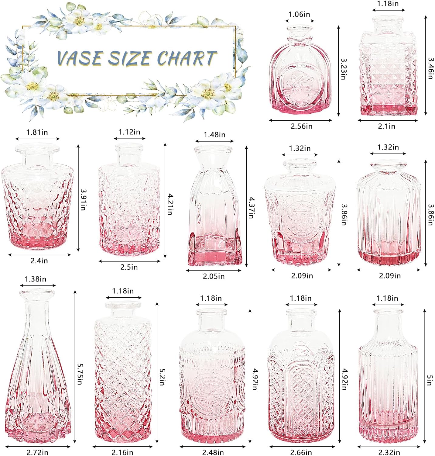 12Pcs Glass Bud Vase Set, Small Flower Vase for Centerpieces, Pink Bud Vases in Bulk, Mini Vintage Vase for Rustic Wedding Decorations