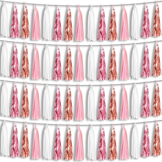4P Pink White Peach Rose Gold Tassels Party Tassel Garland Banner, Tassels Banner Streamers for Parade Floats, Bachelorette, Wedding, Birthday, Christmas, Bridal/Baby Shower Party Decorations