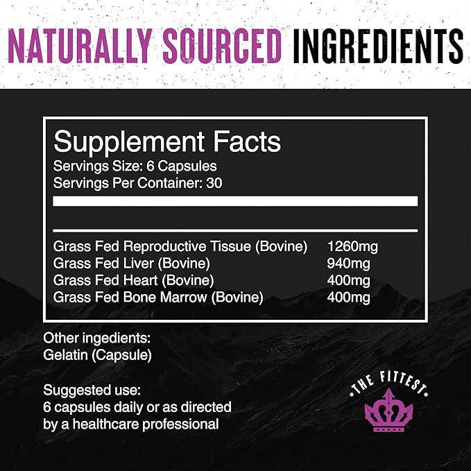 The Fittest Queen Supplement - Supports Hormone Balance, Fertility, Performance and Energy for Women - Grass fed Bovine Ovary, Liver, Bone Marrow & Heart - 180 Capsules