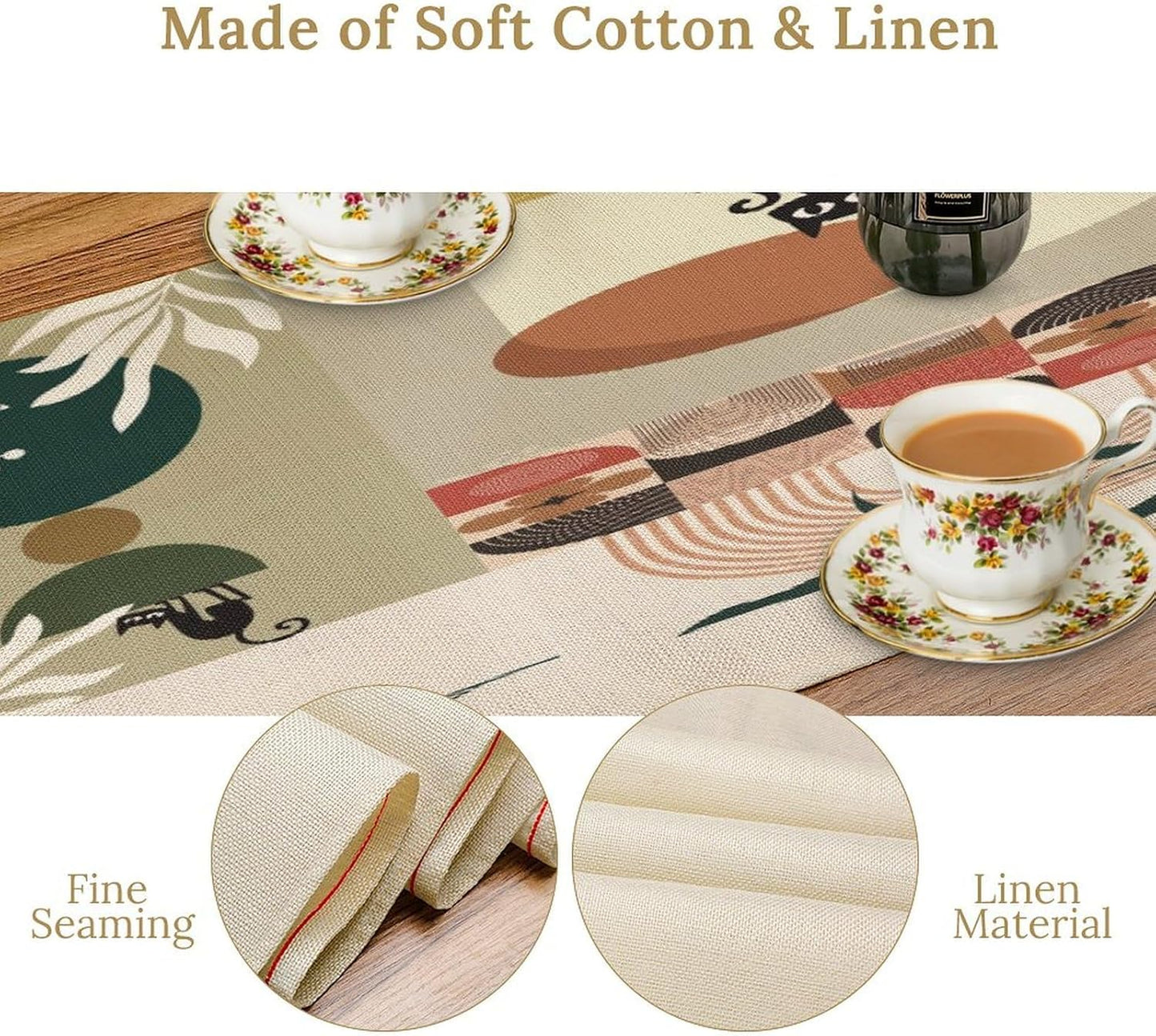 Mid Century Table Runner,Abstract Boho Plant Leaf Botanical Cat Modern Geometric Pattern Print Burlap for Hotel Indoors Outdoor Dining Room Kitchen Home Decor, 13x108in