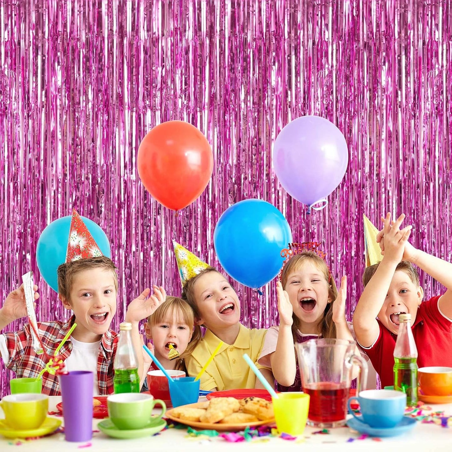 2 Pack Pink Fringe Curtains Foil Shiny Fringe Backdrop Tinsel Door Streamers Foil Curtains for Birthday Wedding Engagement Bridal Shower Celebration Party Decorations Large