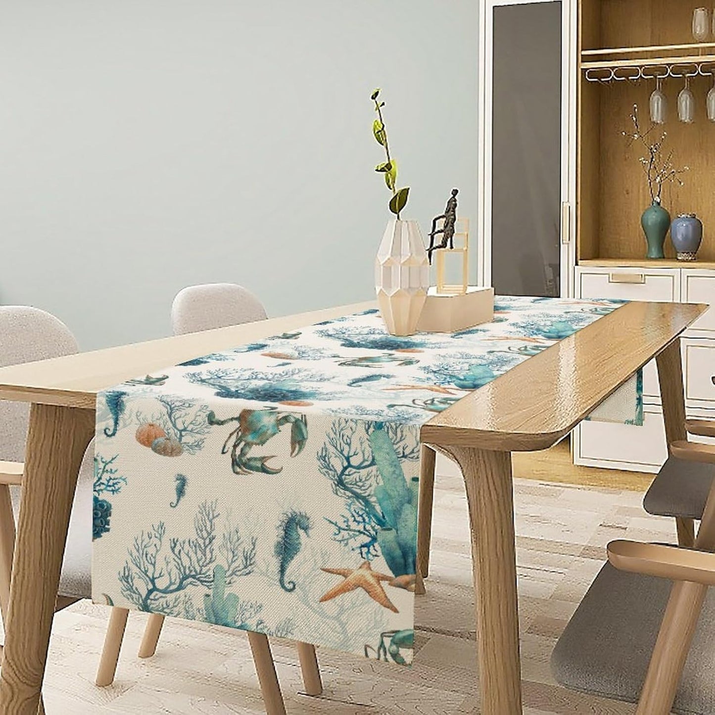 Nautical Coast Table Flag, Ocean Beach Seahorse Shell, Vintage Sailboat Lighthouse Anchor Table Decoration for Indoor and Outdoor Home Party Decor 13x90 Inch