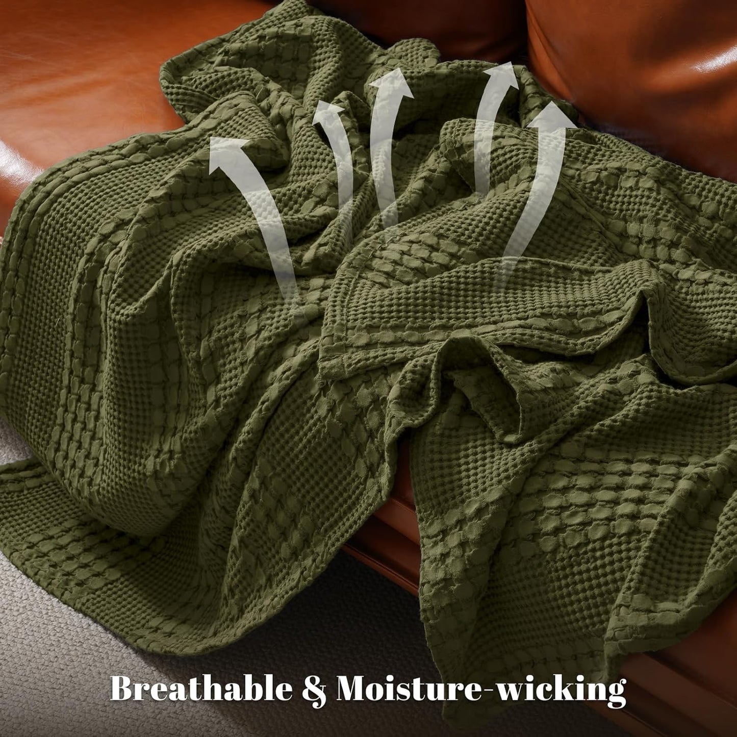 PHF 100% Cotton Waffle Weave Throw Blanket, Soft Lightweight Breathable Cozy Throws for Couch Bed Sofa, Luxury Aesthetic Woven Blanket for Home Decor & Office, 50"x60", Capulet Olive