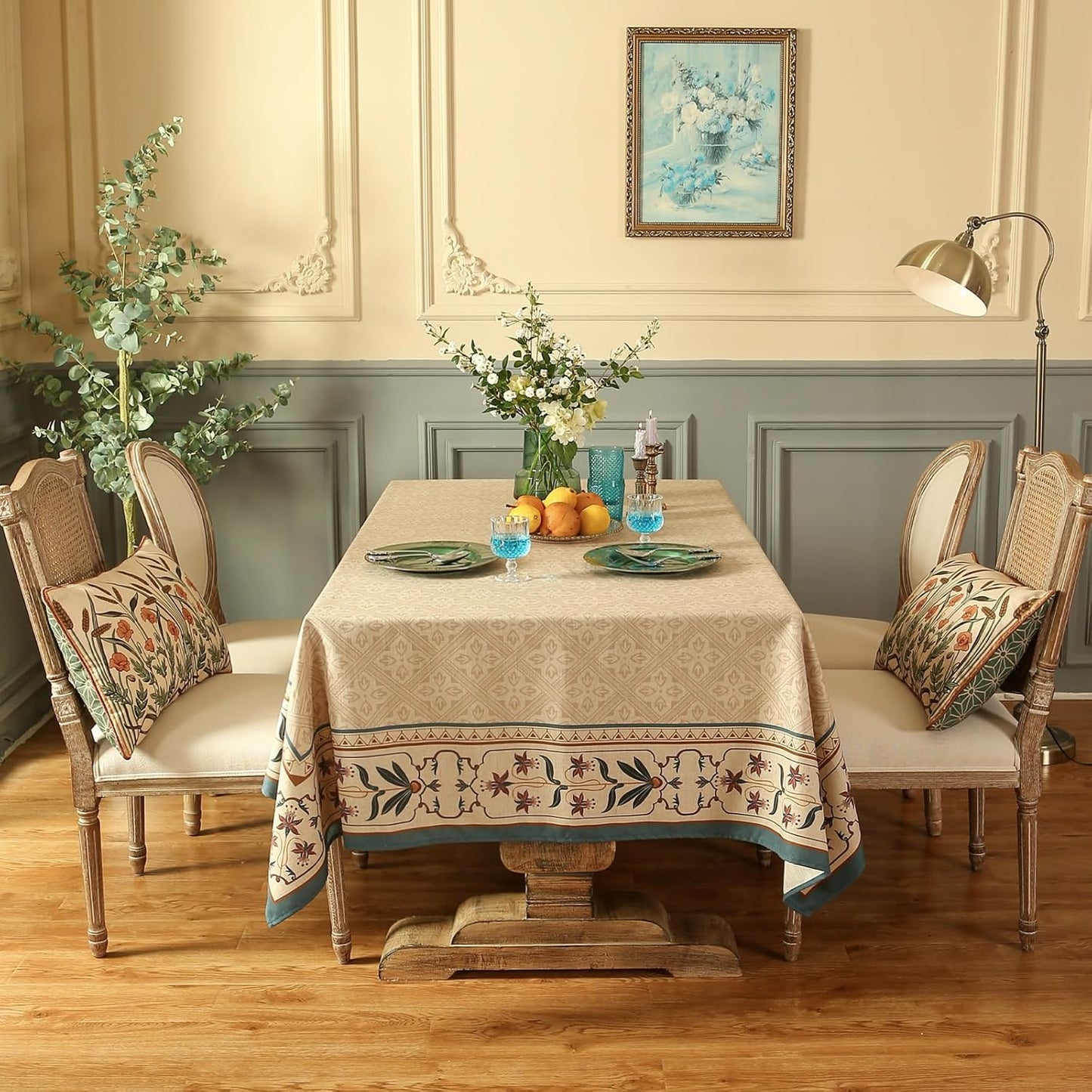 patdrea Designer Beige French Linen Tablecloth for Square Table,Anti-Wrinkle Durable Floral Table Cloth,Dacorative Cover for Kitchen Dining,Tea Party,Christmas,Thanksgiving,67"x67"-Fram