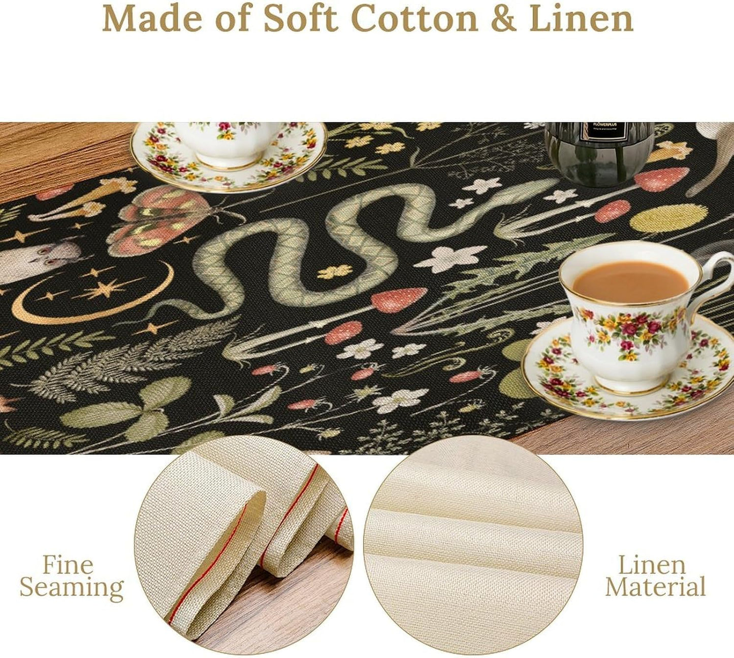 Mushroom Table Runner,Vintage Boho Forest Wild Animal Wildflower Botanical Plants Pattern Print Burlap Hotel Indoors Outdoor Dining Room Kitchen Holiday Party, 13x80in