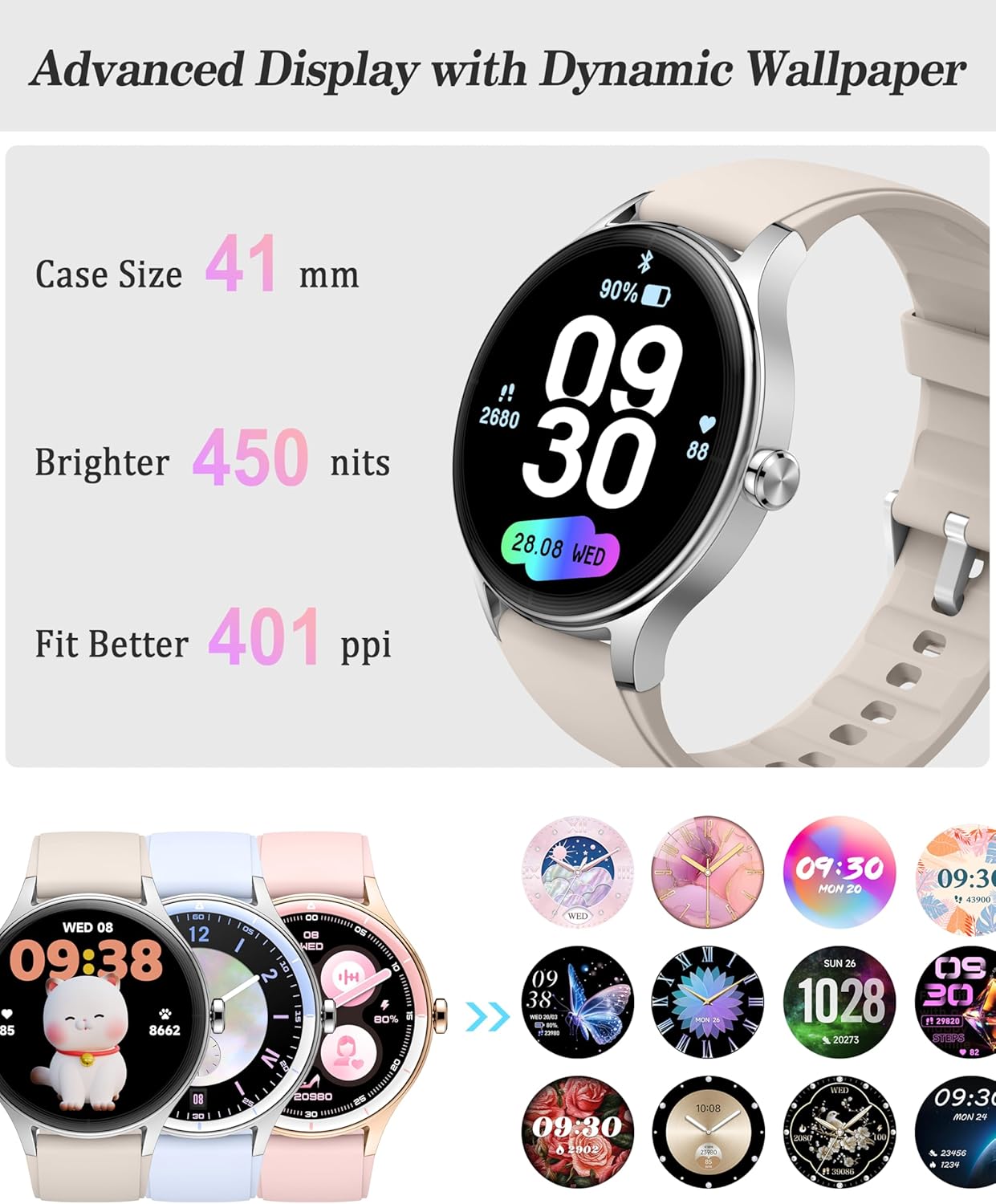 Smart Watch, 41mm Fitness Tracker, Answer/Make Calls, Digital Smartwatch with Heart Rate/Stress/Sleep Monitor, AI Voice, IP68 Waterproof Watch Calculator, Calendar, Games for Lady Women & Men