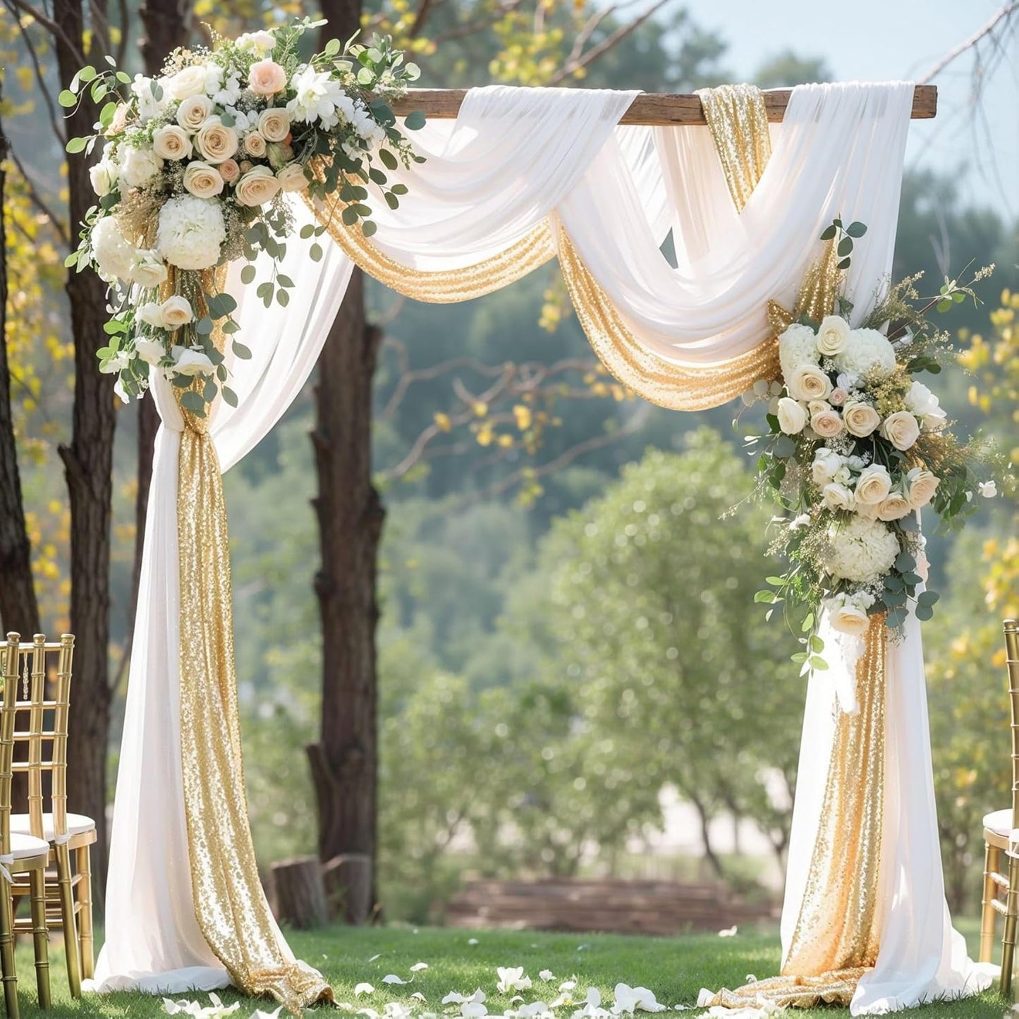 Wedding Arch Draping Fabric, 1 Panel 28" x19ft White Arch Drapes & 1 Panel 16" x19ft Champagne Sequin Fabric Drapes Arbor Backdrop Curtain for Wedding Arch Ceremony Bridal Shower Reception