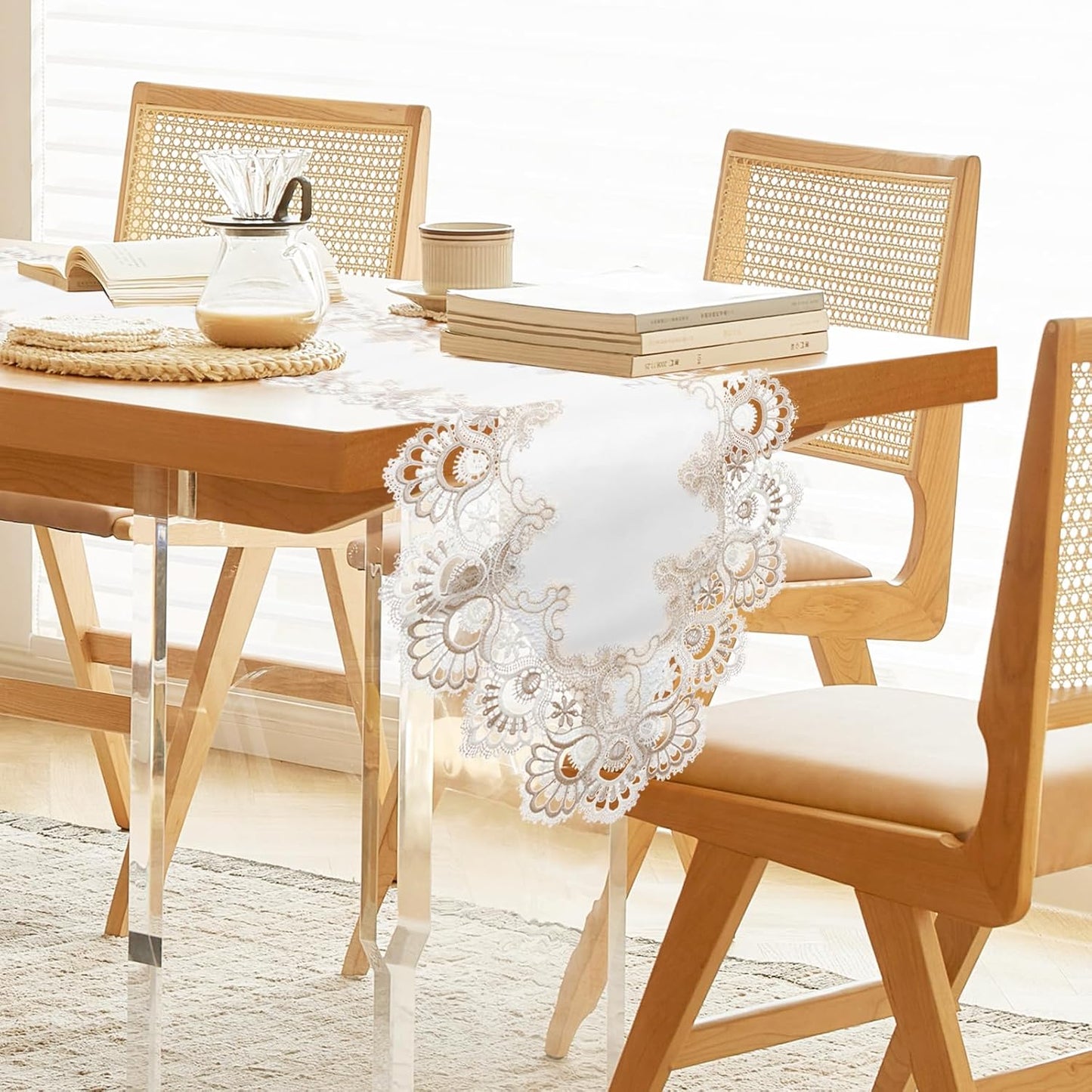 Vintage Lace Dining Table Runner, 108 Inches Macrame Coffee Table Runners for Kitchen Home Christmas Party Decorations (16x108 inch,Off White)