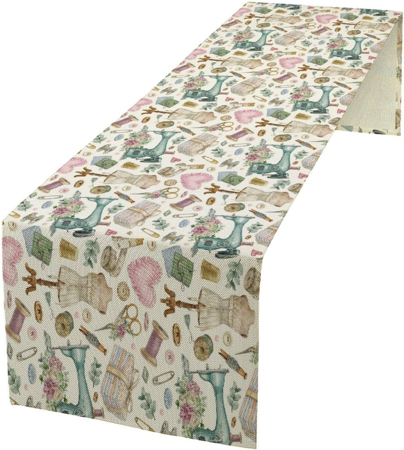 Sewing Theme Table Runner,Vintage Sewing Machine Tool Watercolor Pattern Print Tablecloth Burlap for Hotel Indoors Outdoor Dining Room Kitchen Home Decor,W13X L90 in