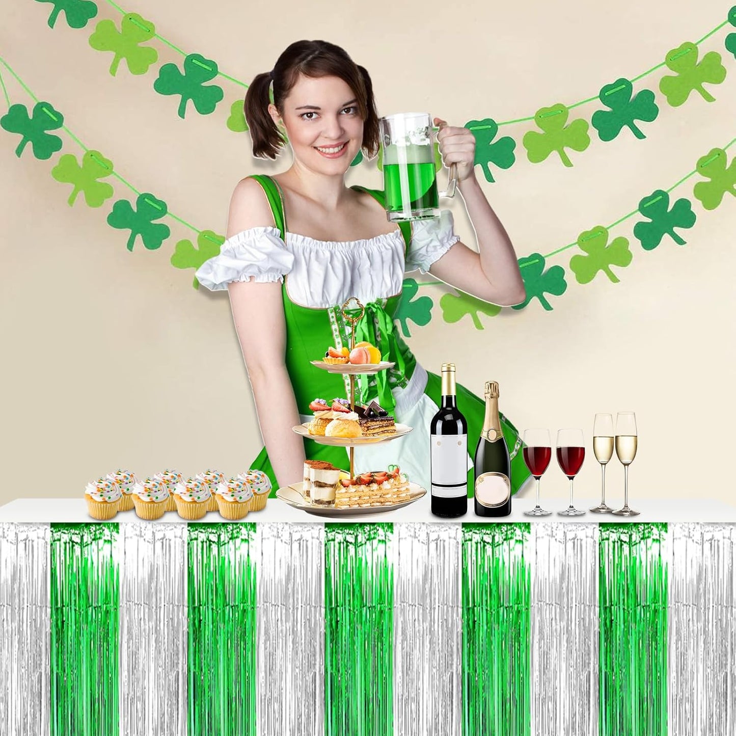 3 Pack 29x108 Inch Silver Green Foil Fringe Table Skirts Metallic Banner for Tinsel Streamer Garland Backdrop for Parade Floats Wedding Thanksgiving Birthday Christmas Halloween Party Decoration