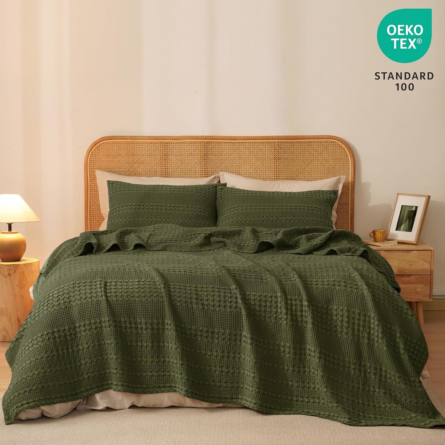 PHF 100% Cotton Waffle Weave Blanket Twin Size for Bed, Soft Lightweight & Breathable, All-Season Comfort, Luxury Aesthetic Woven Bedding for Home Decor, 66"x90", Capulet Olive