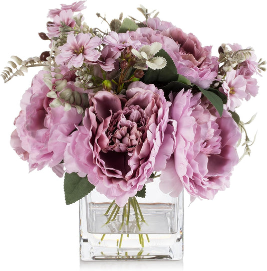 ENOVA FLORAL Artificial Flower Arrangement with Vase,Mixed Artificial Silk Peony Flower in Vase for Decoration Home Office, Wedding Centerpiece (Purple)