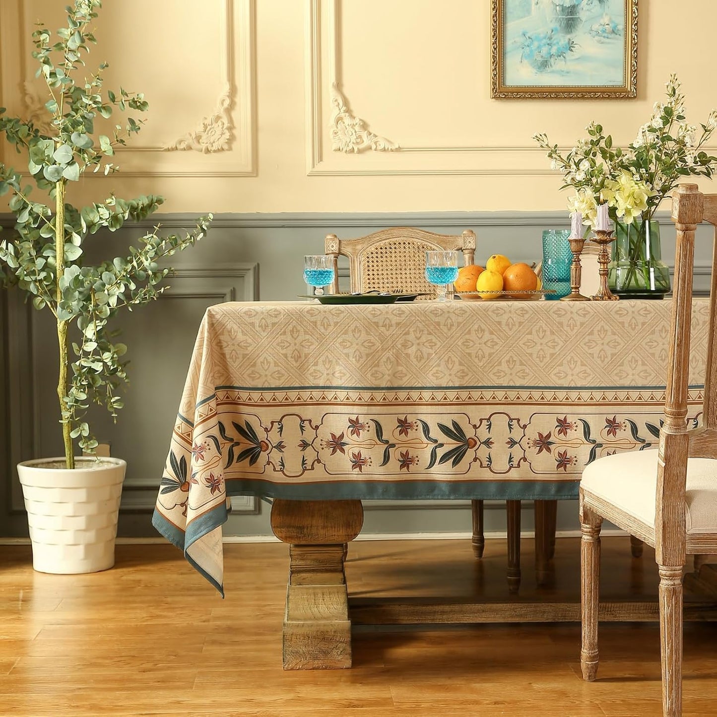 patdrea Designer Linen Extra Long Tablecloth for Rectangle Table,Beige Anti-Wrinkle Durable Floral Farmhouse Table Cloth,Decor Covers for Kitchen Dining,Christmas,Thanksgiving,63"x110"-Fram