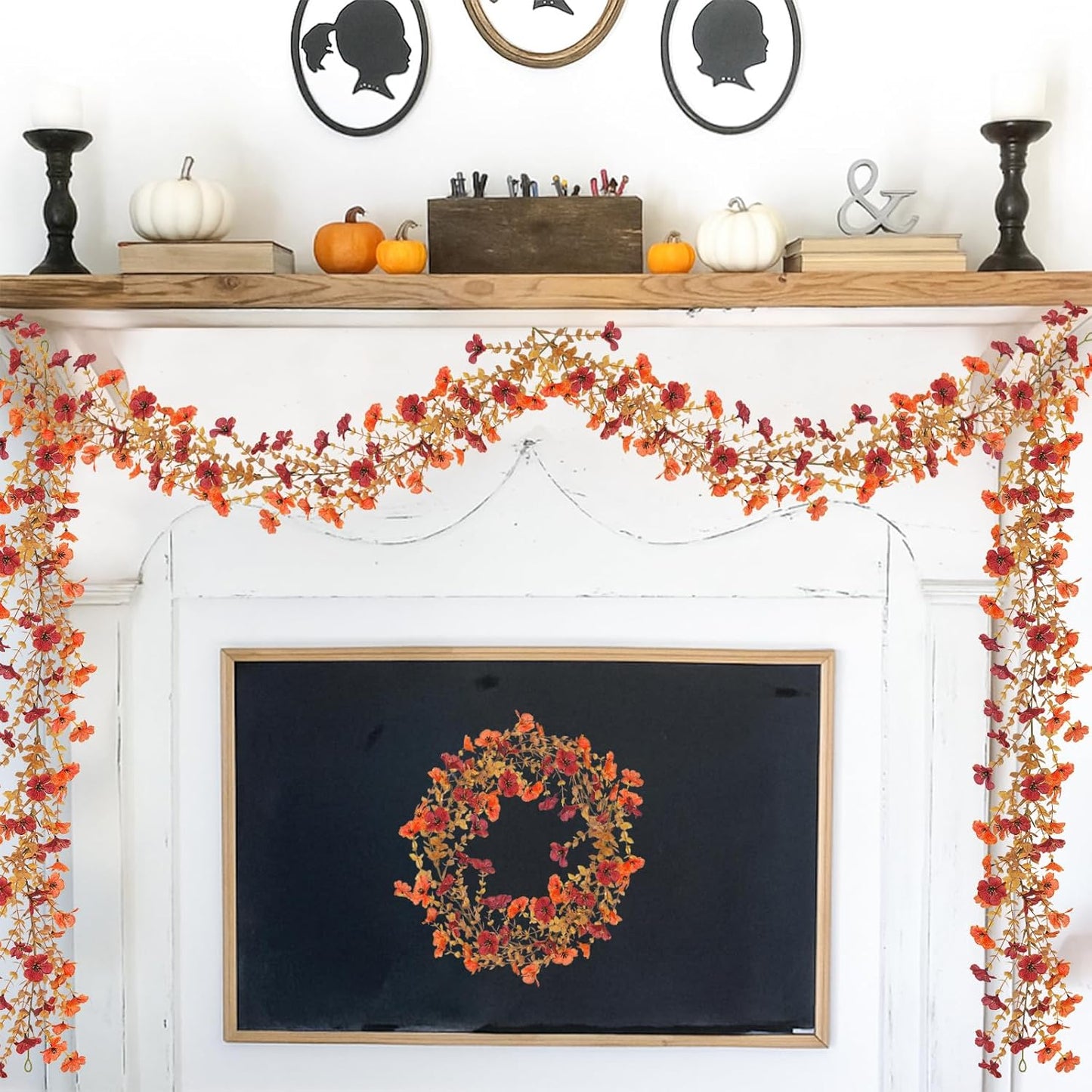 4 Pack Artificial Fall Flowers Garland, 6 FT Fall Decorations Fake Mums Floral Vines UV Resistant Faux Hanging Flower Ivy Garland for Home Party Table Wall Mantel Decor (Orange + Dark Red)