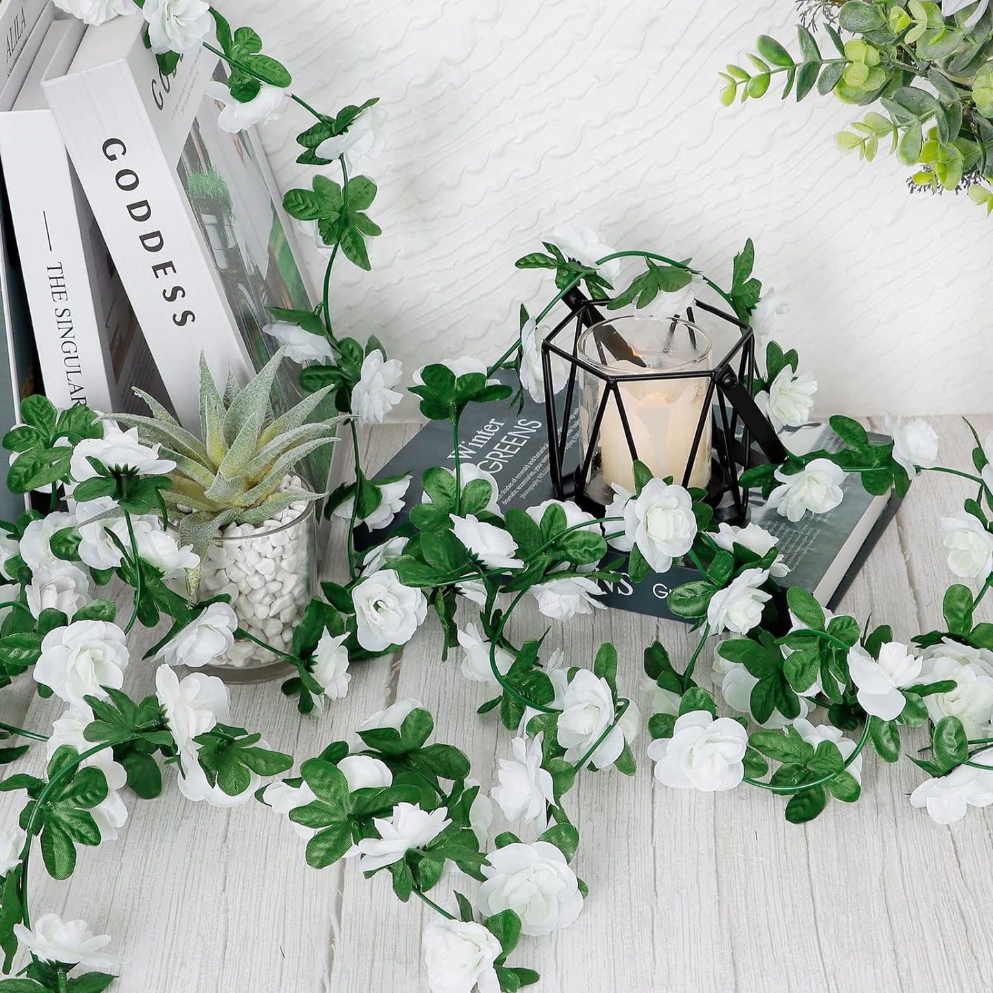 KHOYIME 9 Pack 72 FT Artificial Flower Garland, Fake White Roses Vines Silk Flowers Faux Plastic Outdoor Hanging Floral Ivy Garland Decoration for Wedding Arch Bedroom Home Wall Backdrop Room Decor