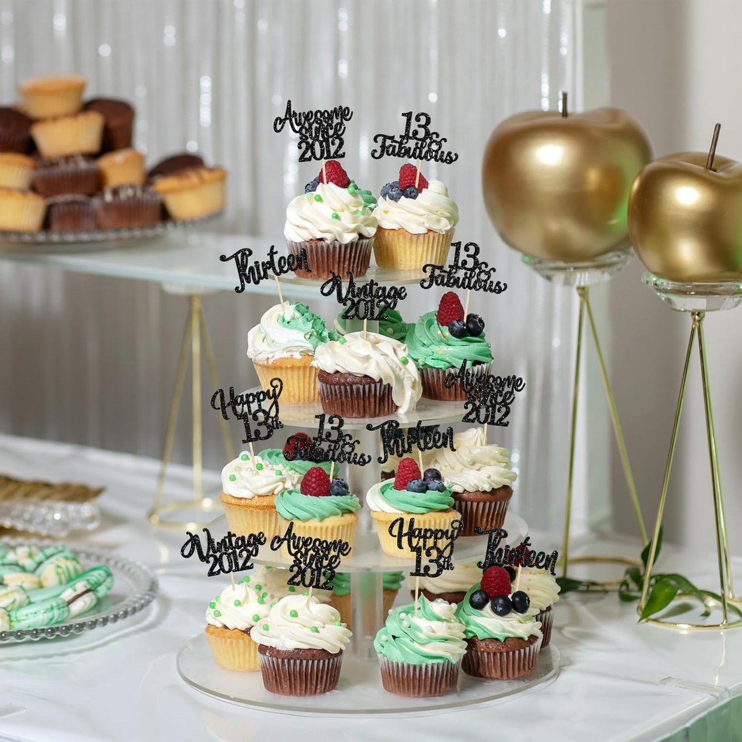 30Pcs Happy 13th Birthday Cupcake Toppers Glitter Thirteen Vintage 2012 Cupcake Picks Cheers to 13 Fabulous Cake Decorations for 13th Birthday Wedding Anniversary Party Supplies Black